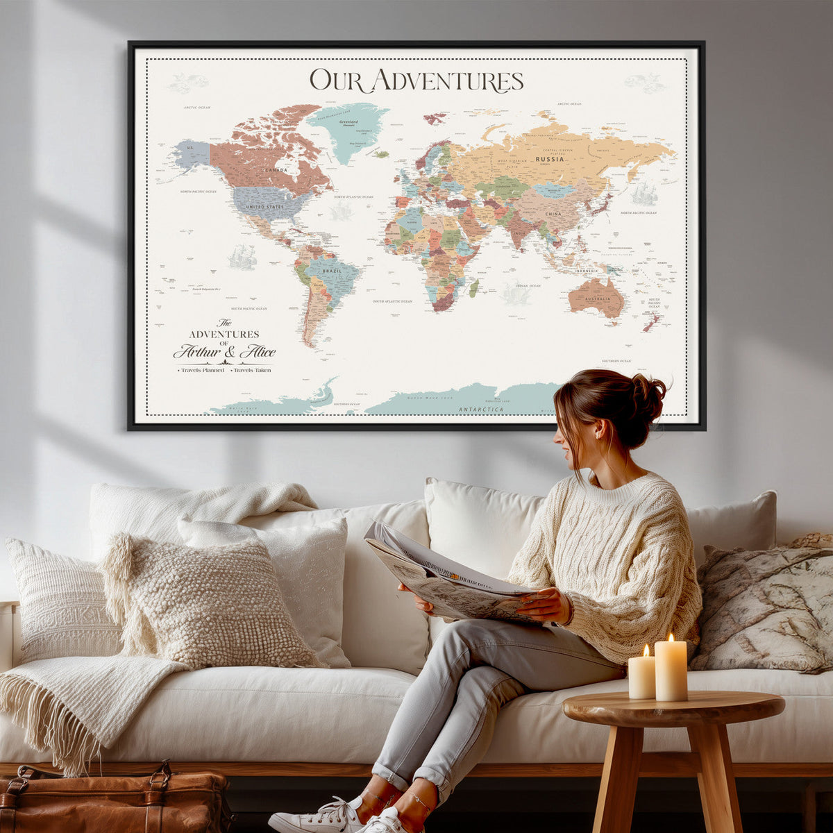 NEWMAP-4-MGV-CV-36X24 - Push Pin Customize World Map with Pins Board Wall Art Canvas Print