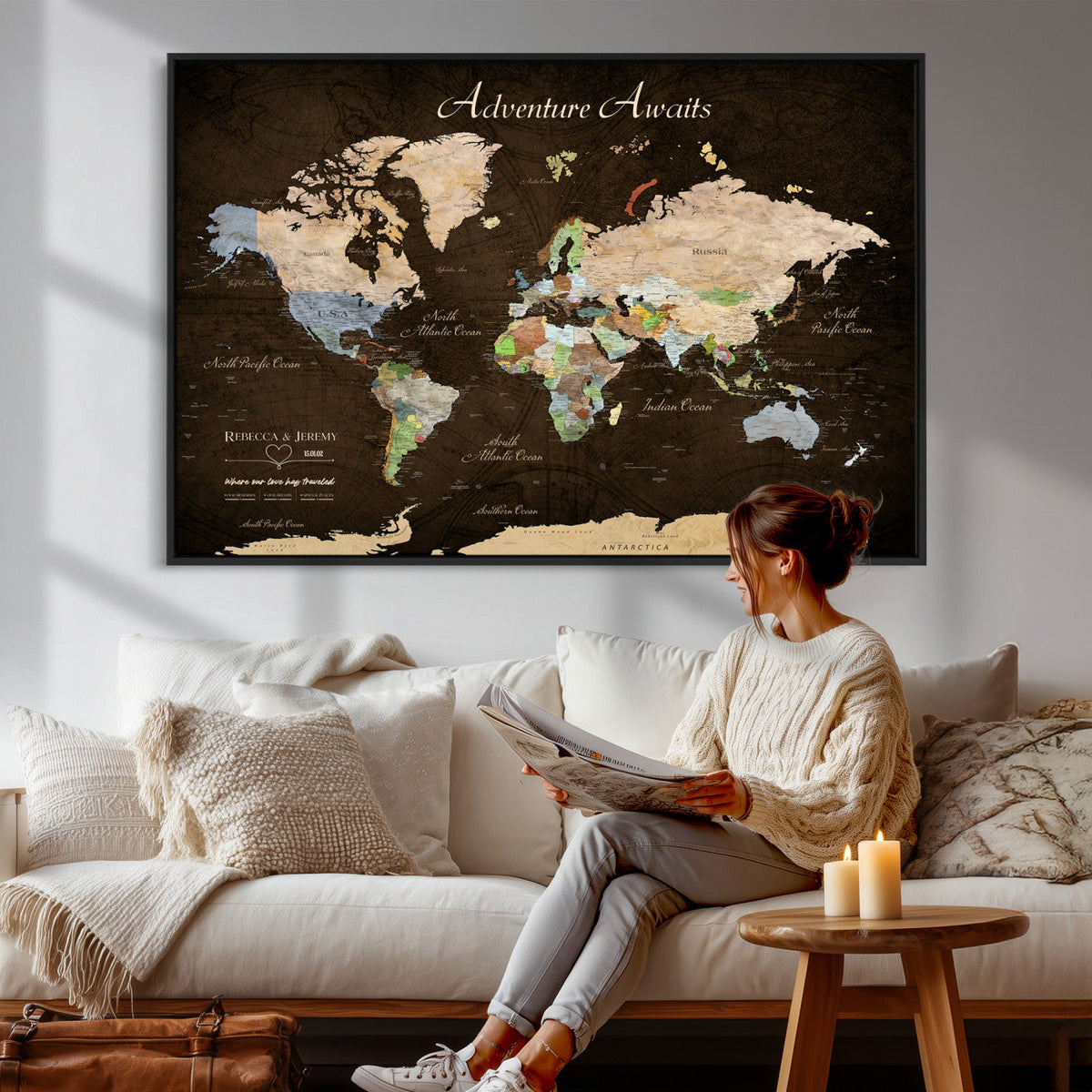 95753799-MGV-CV-36X24 - Custom Push Pin World Map Canvas Print | Personalized Travel Map Wall Art