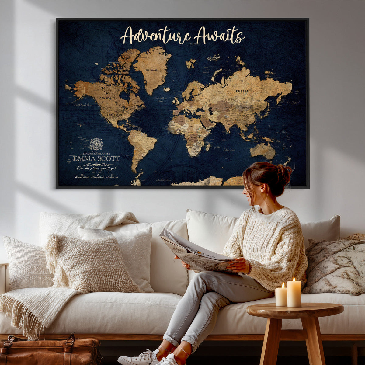 44399597-MGV-CV-36X24 - Custom Push Pin World Map Canvas Print | Personalized Travel Map Wall Art