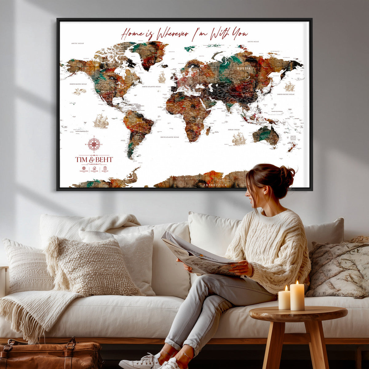 116MESUT-MGV-CV-36X24 - Custom Push Pin World Map Canvas Print | Personalized Travel Map Wall Art