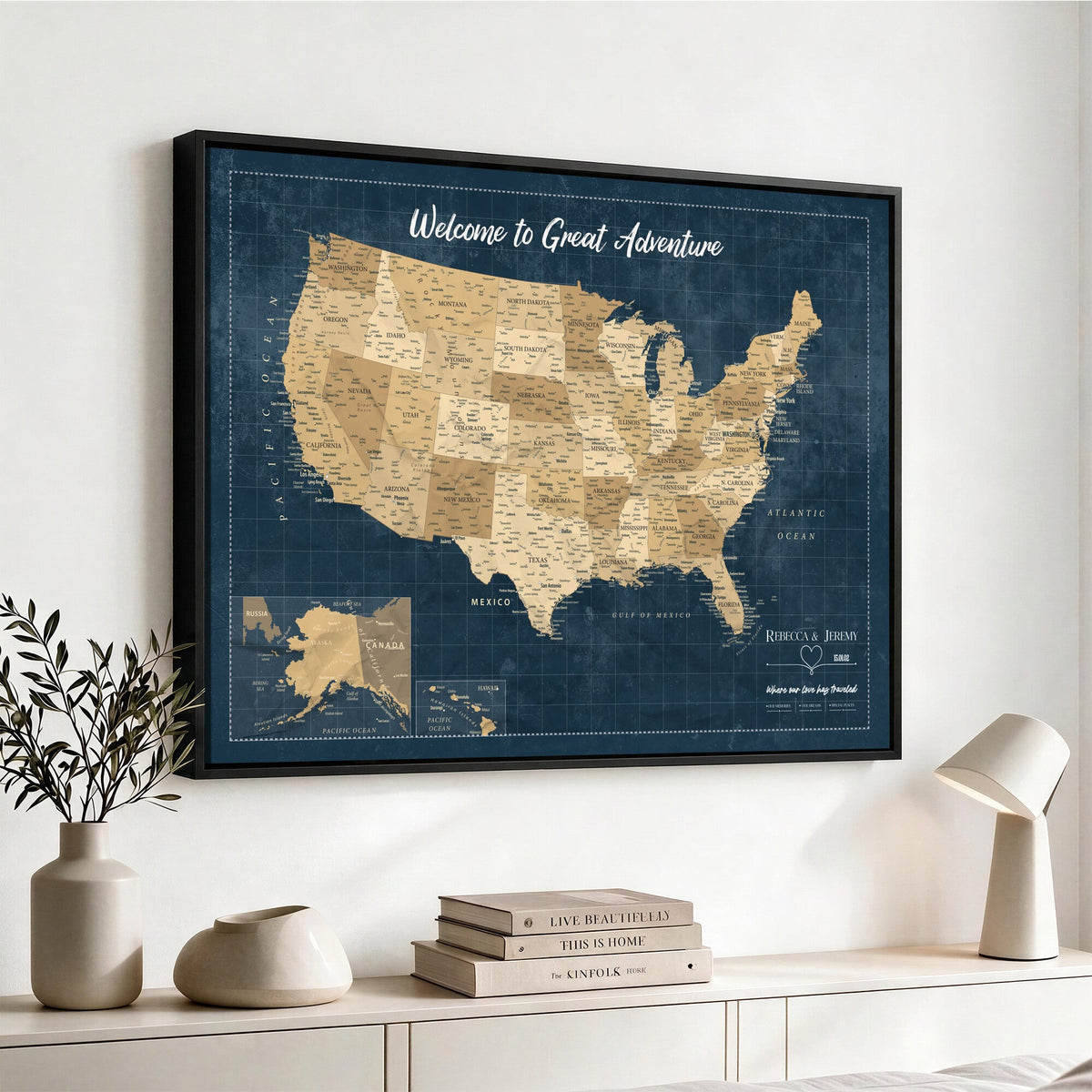 58851035-MGV-CV-36X24 - Custom Cream Push Pin USA Map Canvas Print, 50 State Bucket List Map, Family Room and Hallway Decor