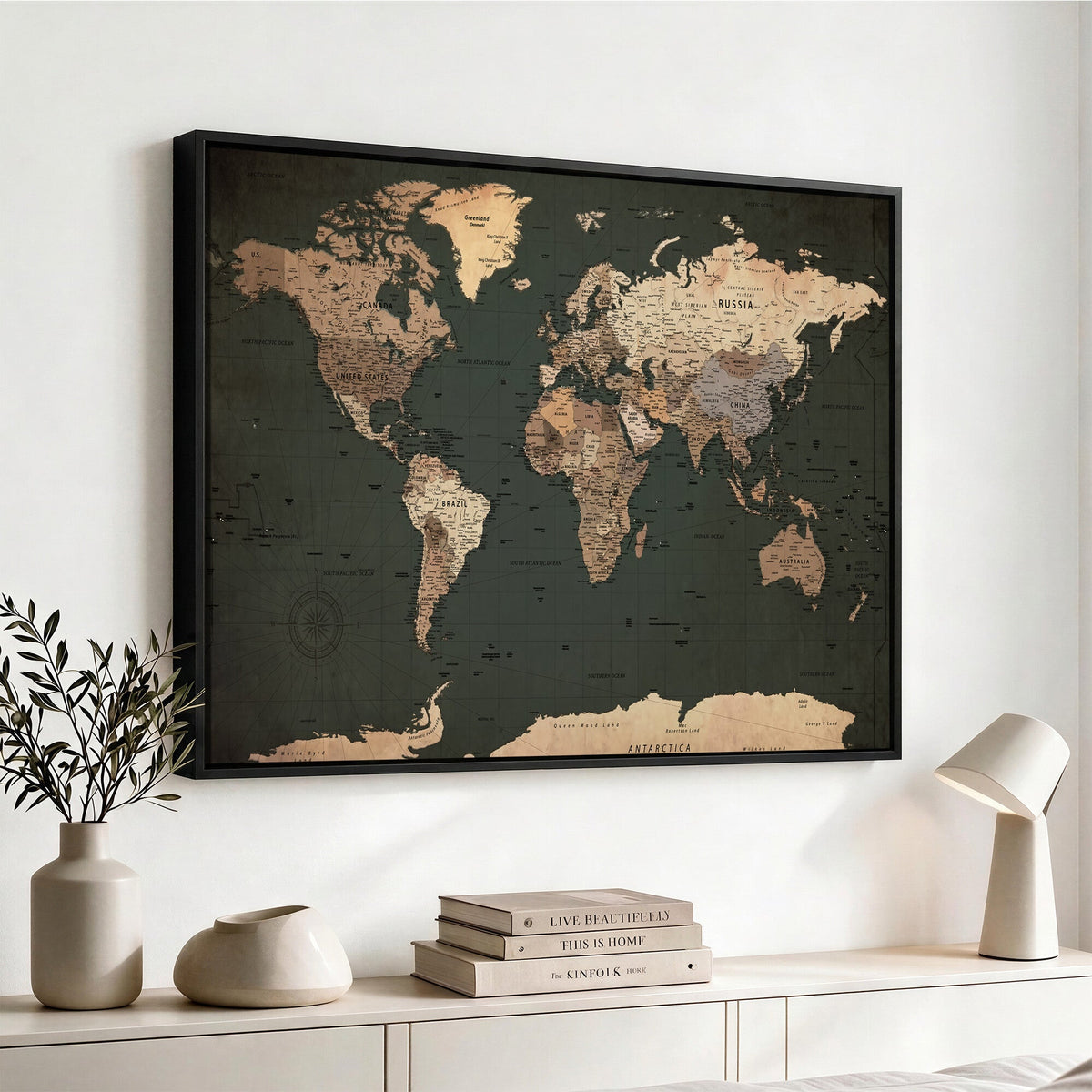 42327656-MGV-CV-36X24 - Extra Large Framed Personalize Push Pin World Map Wall Art Canvas Print for Travel Tracking - NEWMAP-116