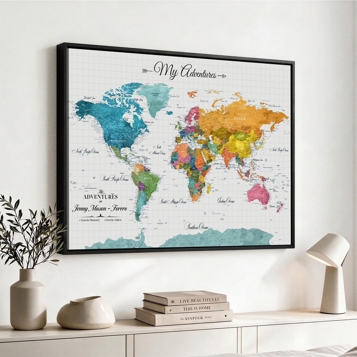 66743043-MGV-CV-36X24 - Extra Large Framed Personalize Push Pin World Map Wall Art Canvas Print for Travel Tracking - NEWMAP-131