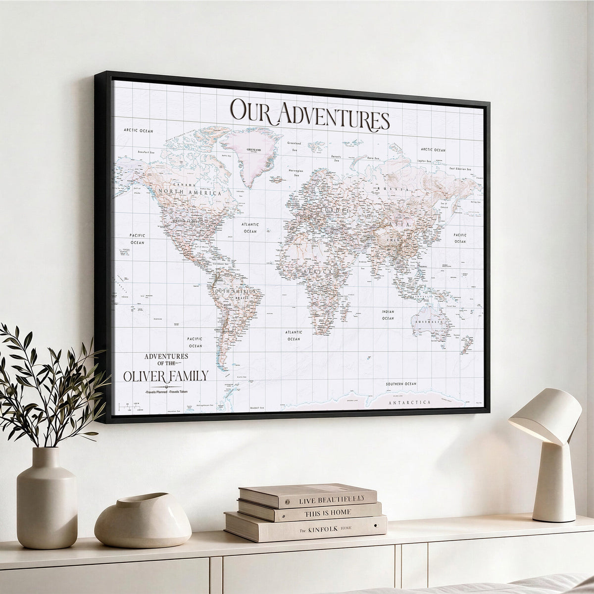 18074626D3DD-MGV-CV-36X24 - Extra Large Framed Personalized Push Pin World Map Wall Art Canvas Print for Travel Tracking