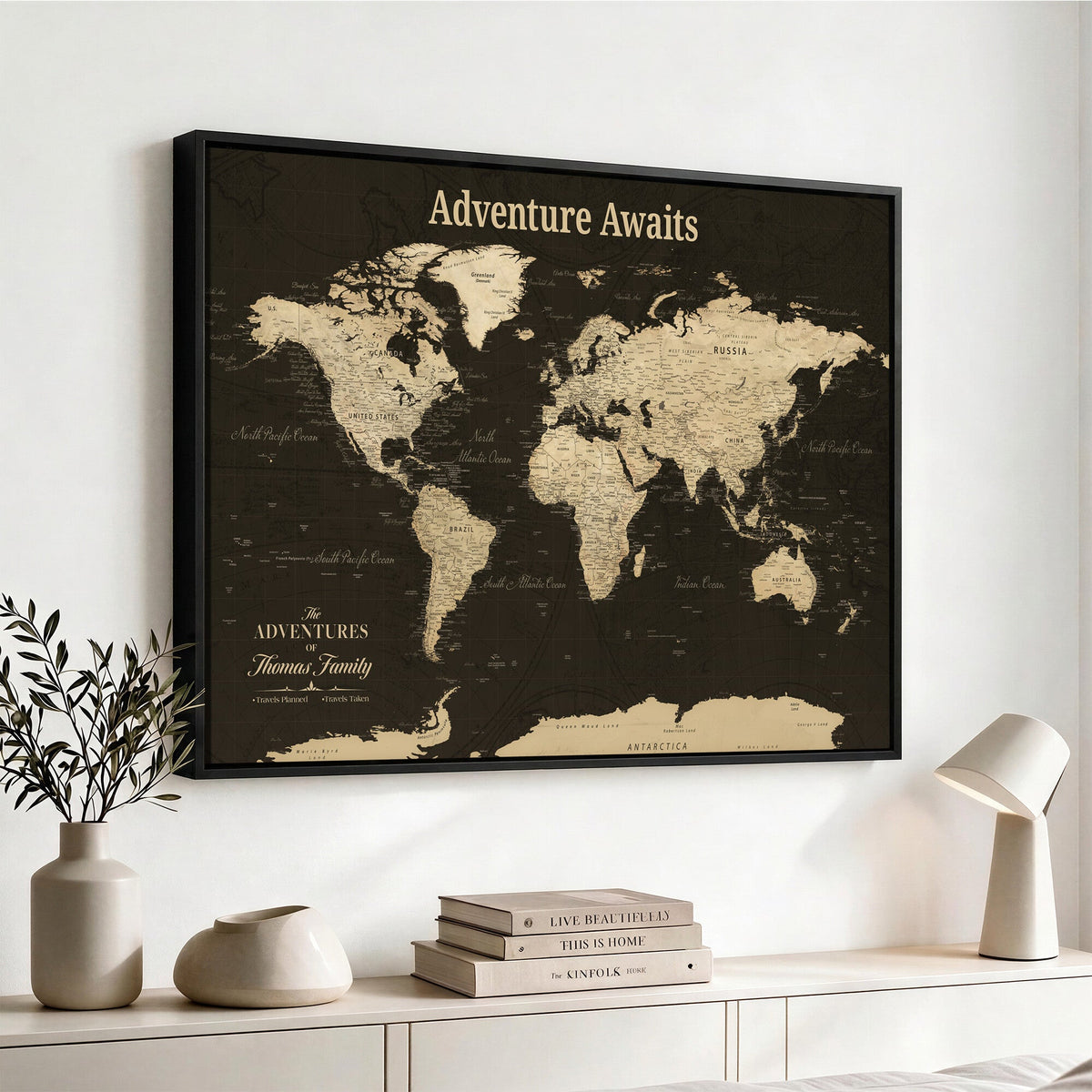 Custom Beige Modern World Travel Map Wall Art with Pins, Family Travel Tracker, Dining Room and Entryway Decor