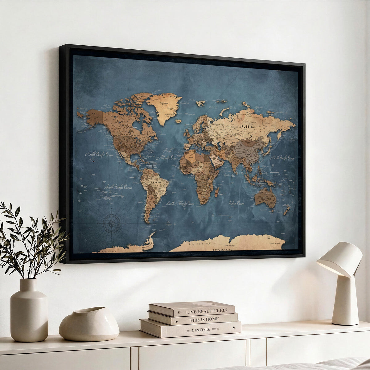 81949666D-MGV-CV-36X24 - Custom Push Pin World Map Wall Art Canvas Print – Personalized Travel Tracker with Pins Framed Large for Home and Office Decor