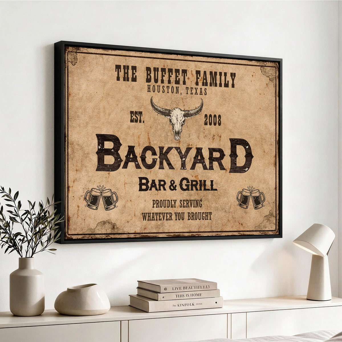 Custom Backyard Bar & Grill Sign Canvas, Personalized Family Name Sign