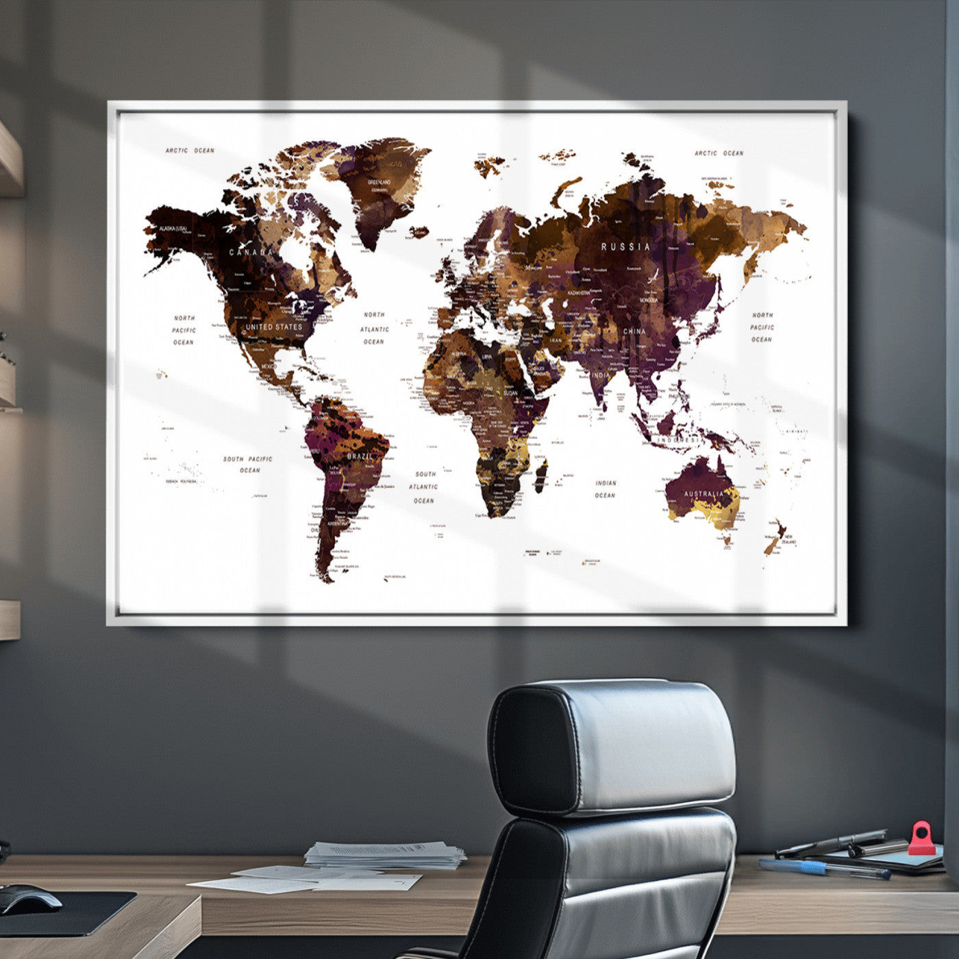 Push Pin World Map Canvas Print – Framed Wall Art for Couples to Track Their Travels – Anniversary Gift or Home Adventure Decor