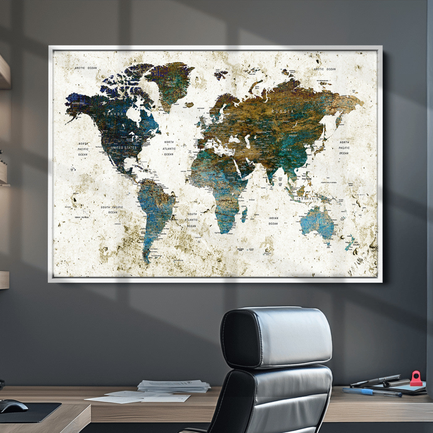 Push Pin World Map Canvas Print – Framed Wall Art for Couples to Track Their Travels – Anniversary Gift or Home Adventure Decor