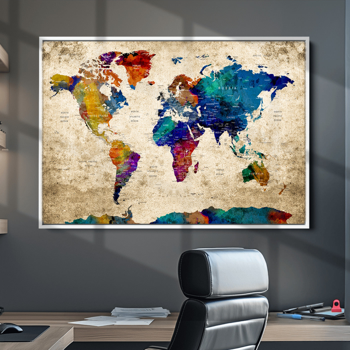 Push Pin World Map Canvas Print – Framed Wall Art for Couples to Track Their Travels – Anniversary Gift or Home Adventure Decor