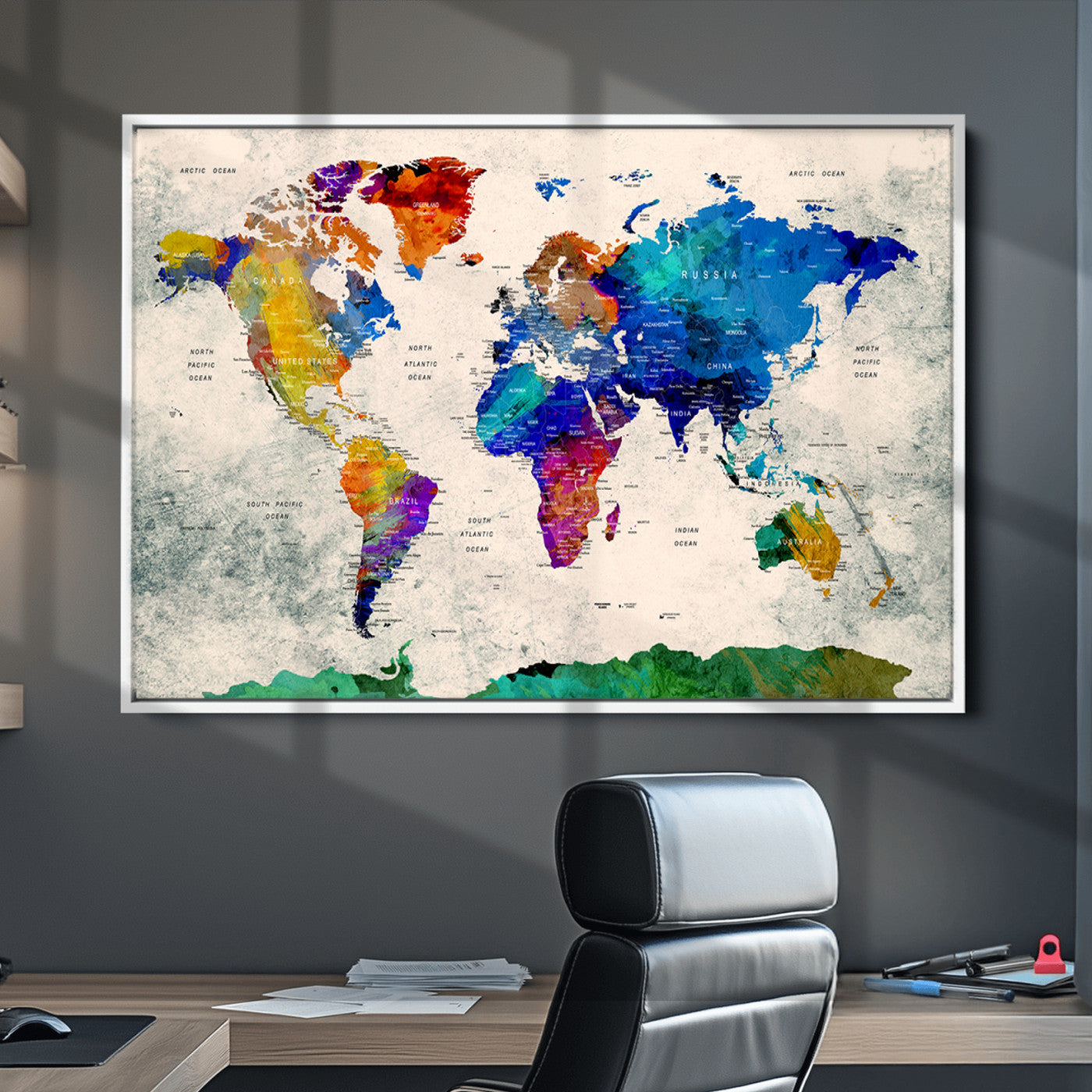 Push Pin World Map Canvas Print – Framed Wall Art for Couples to Track Their Travels – Anniversary Gift or Home Adventure Decor