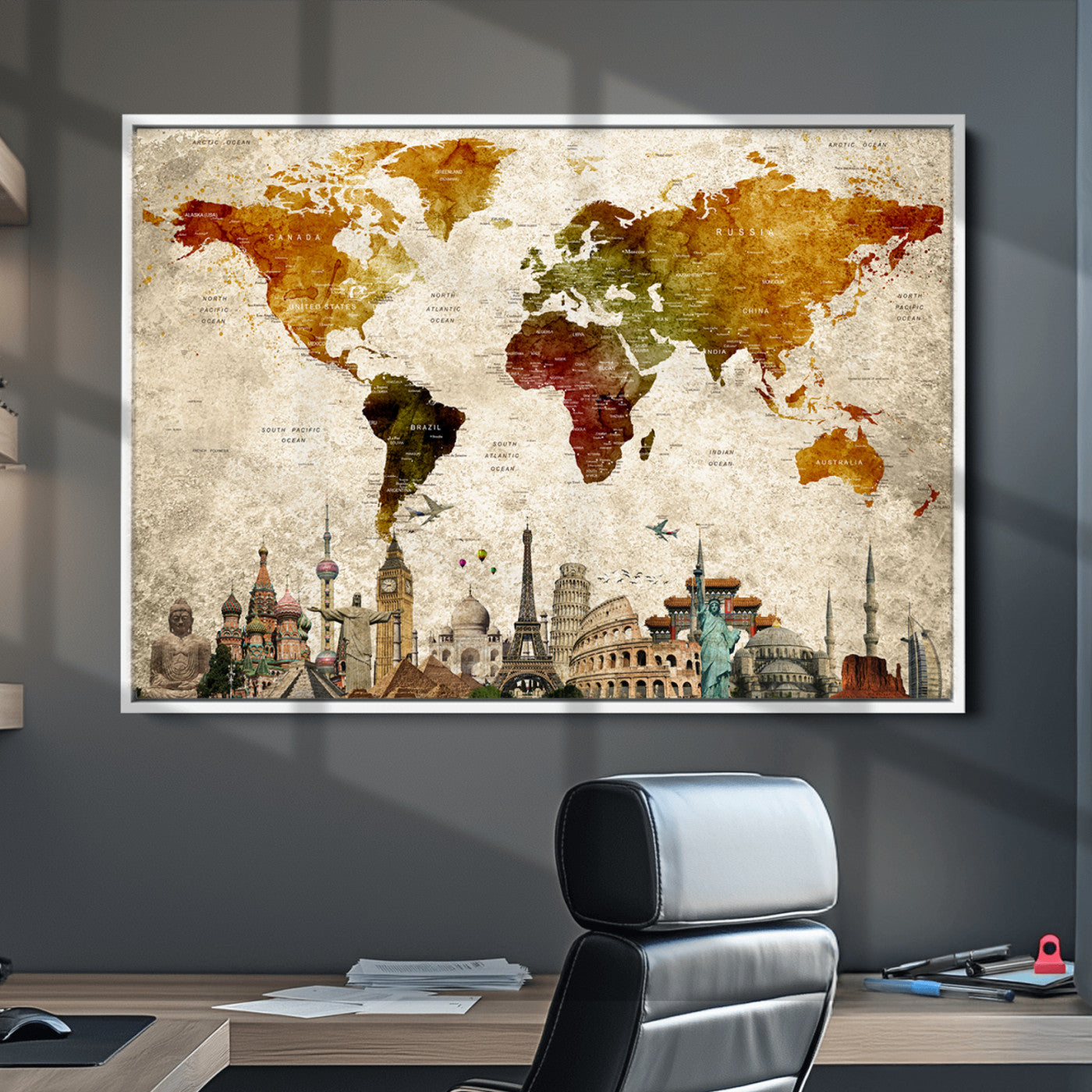 Push Pin World Map Canvas Print – Framed Wall Art for Couples to Track Their Travels – Anniversary Gift or Home Adventure Decor