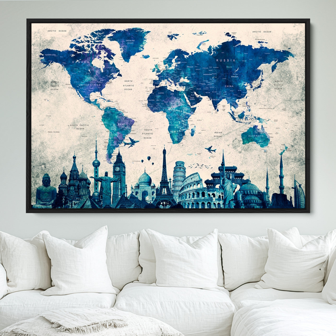 Navy Blue World Map Canvas Print, Wonder of World Map Push Pin Canvas Print