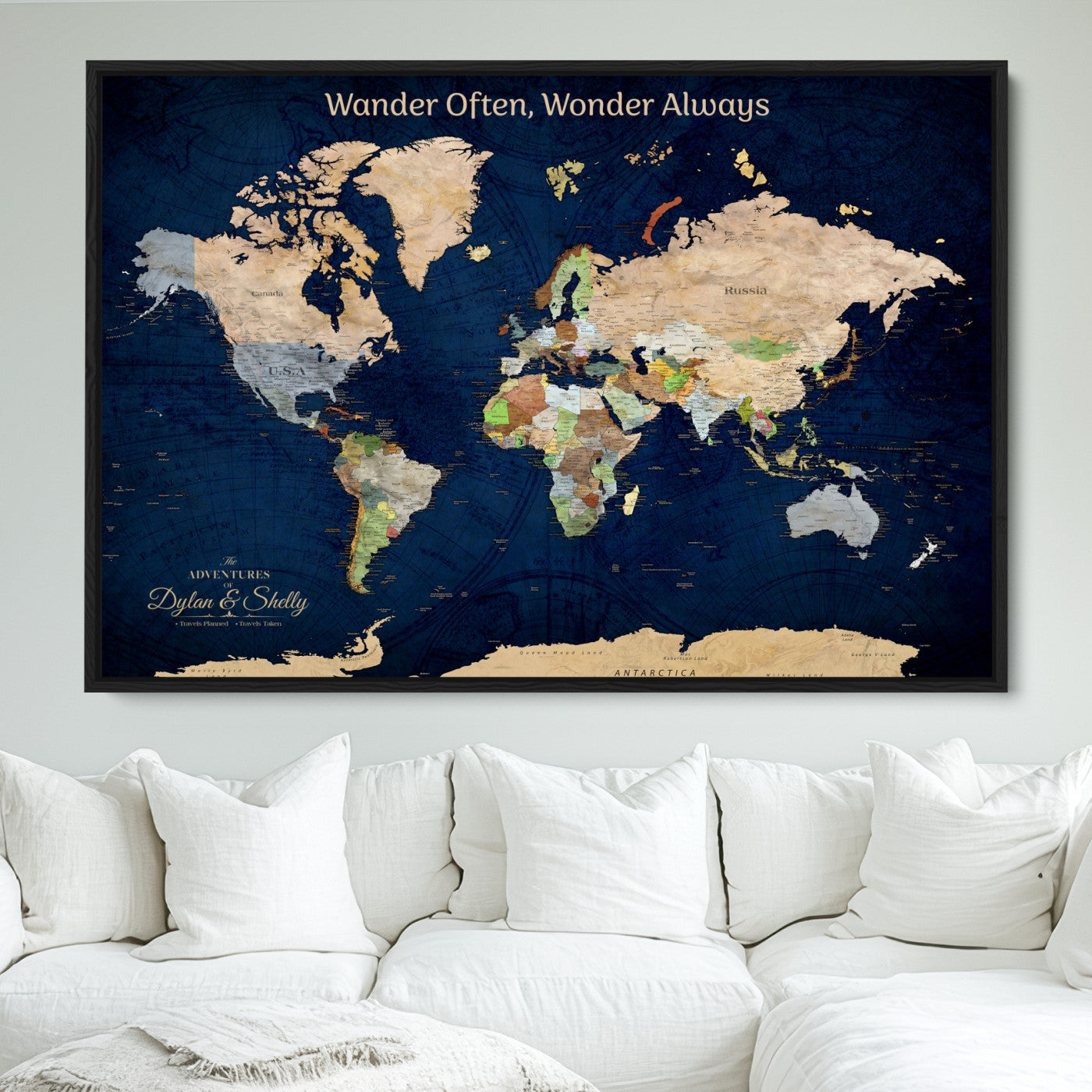 12399561-MGV-FC-30X20_Black-Personalized World Map Print, Customizable Push Pin Framed World Map Print on Canvas - Custom Quote on Map Print