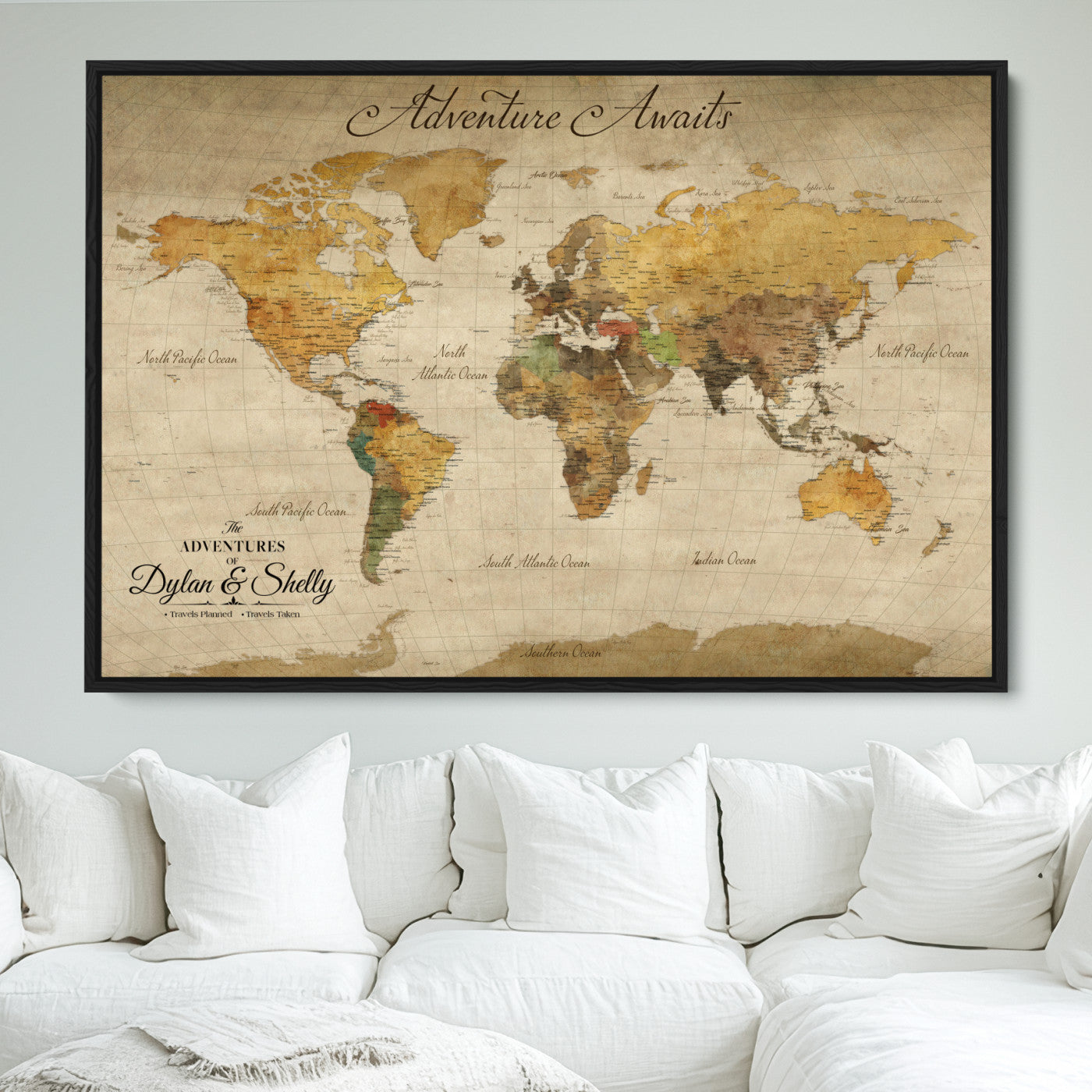 50298017-MGV-FC-36X24_Black-Personalized World Map Print, Customizable Push Pin Framed World Map Print on Canvas - Custom Quote on Map Print