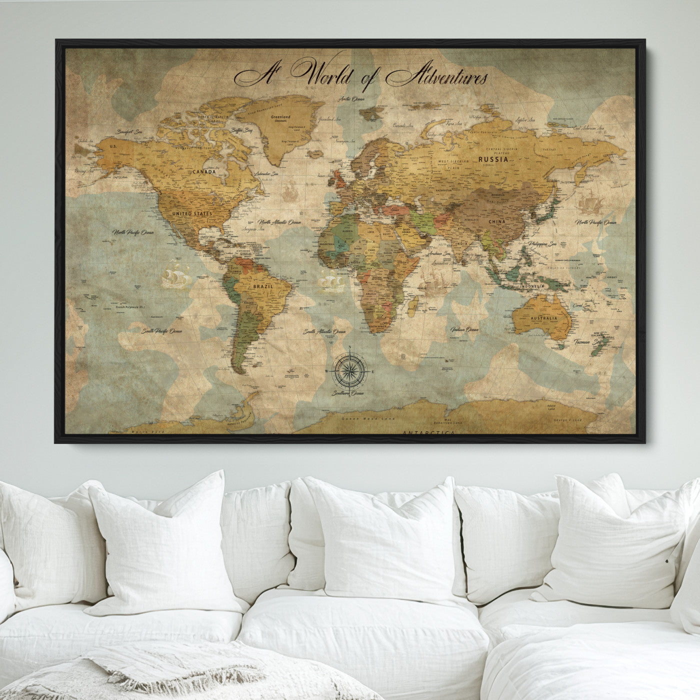 75690627-MGV-FC-36X24_Black-Personalized World Map Print, Customizable Push Pin Framed World Map Print on Canvas - Custom Quote on Map Print,
