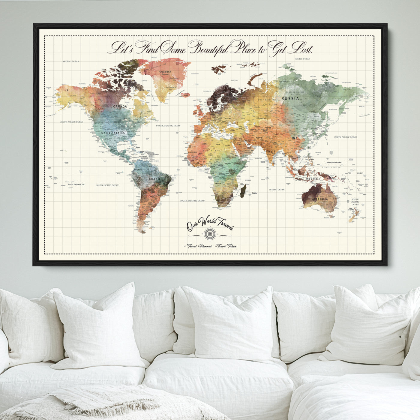 29289638-MGV-FC-36X24_Black-Personalized World Map Print - Customizable Push Pin Framed World Map Print on Canvas - Custom Quote on Map Print