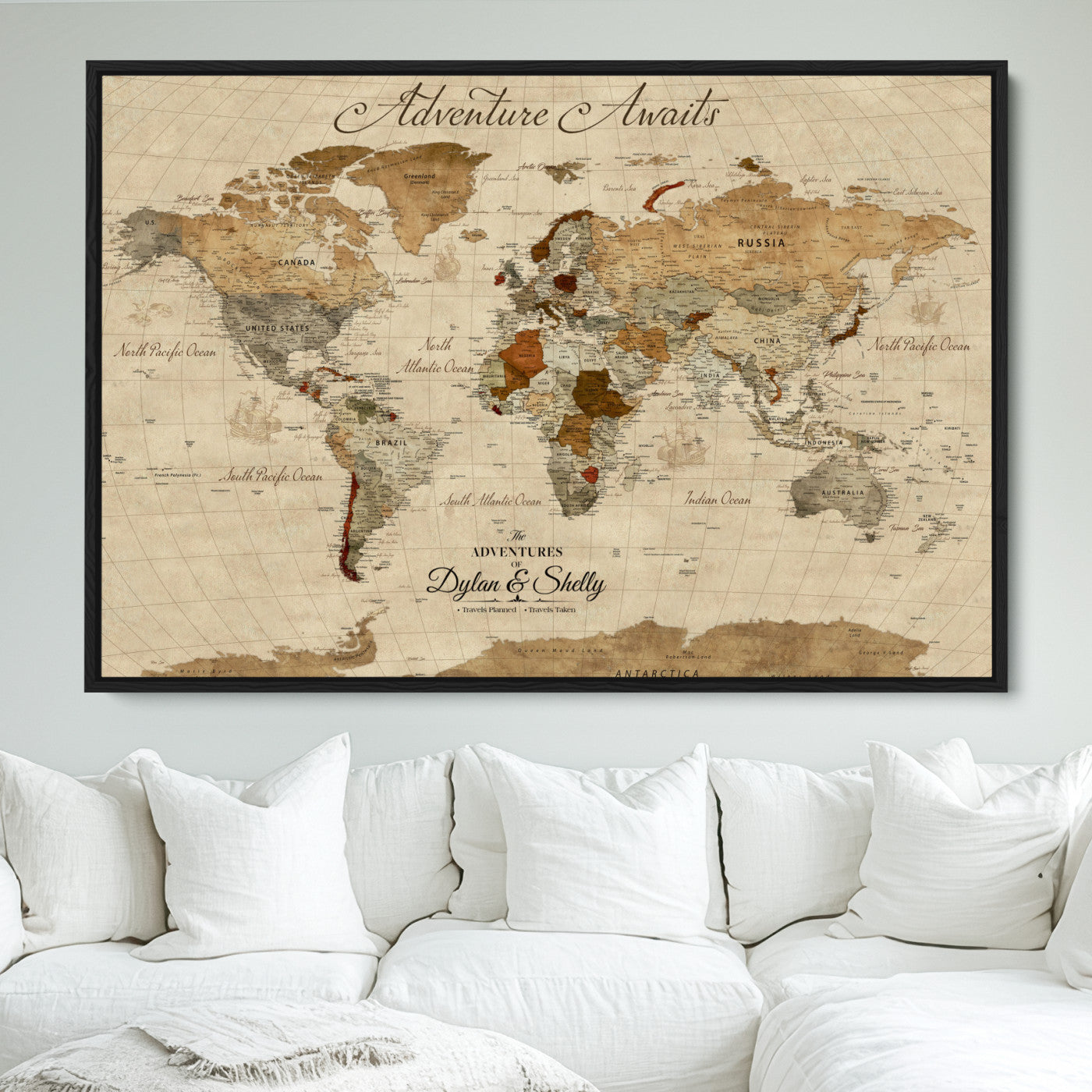 29054239-MGV-FC-36X24_Black-Personalized World Map Print - Customizable Push Pin Framed World Map Print on Canvas - Custom Quote on Map Print