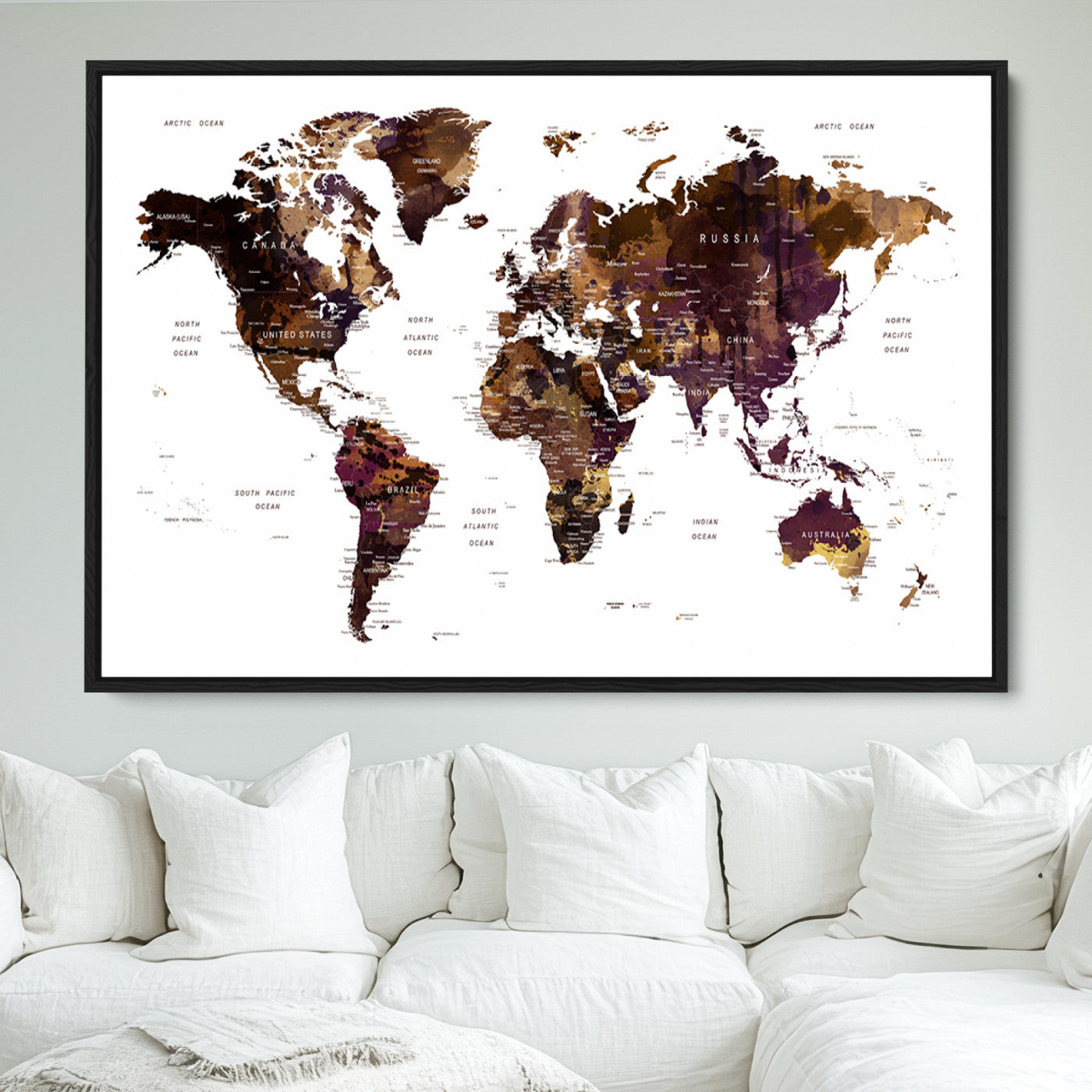 Push Pin World Map Canvas Print – Framed Wall Art for Couples to Track Their Travels – Anniversary Gift or Home Adventure Decor