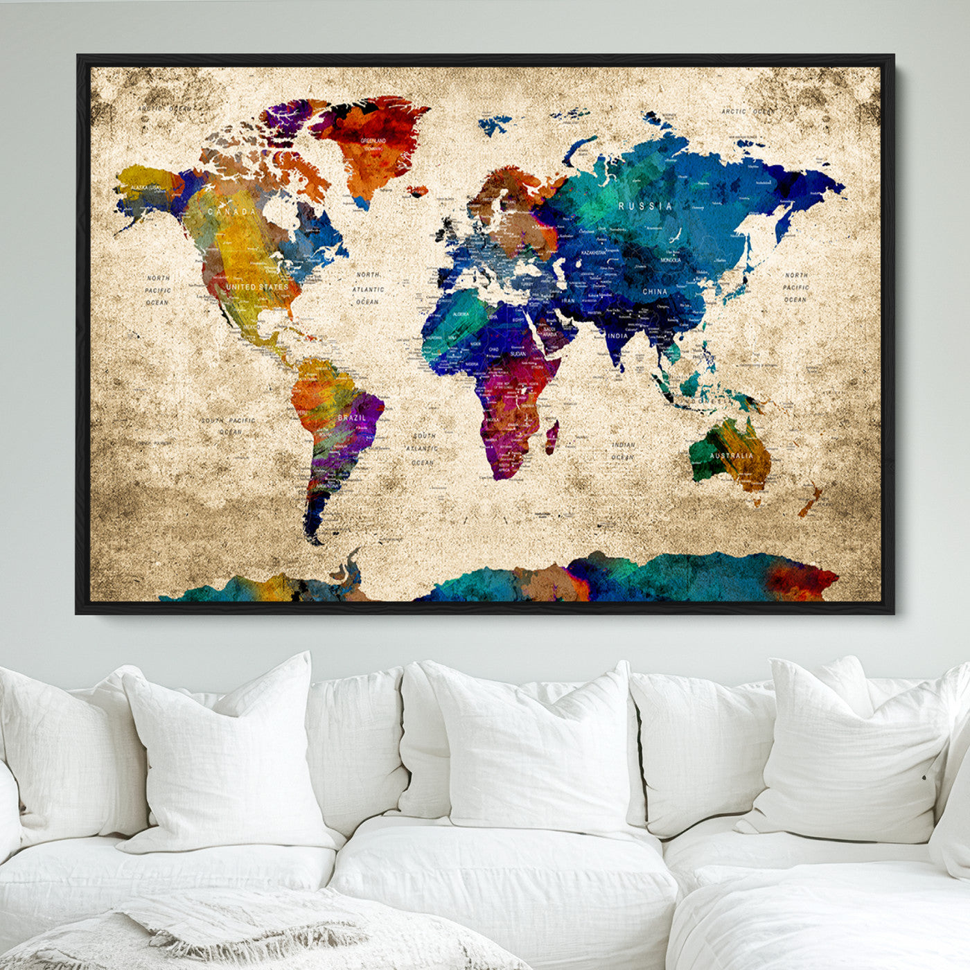 Push Pin World Map Canvas Print – Framed Wall Art for Couples to Track Their Travels – Anniversary Gift or Home Adventure Decor
