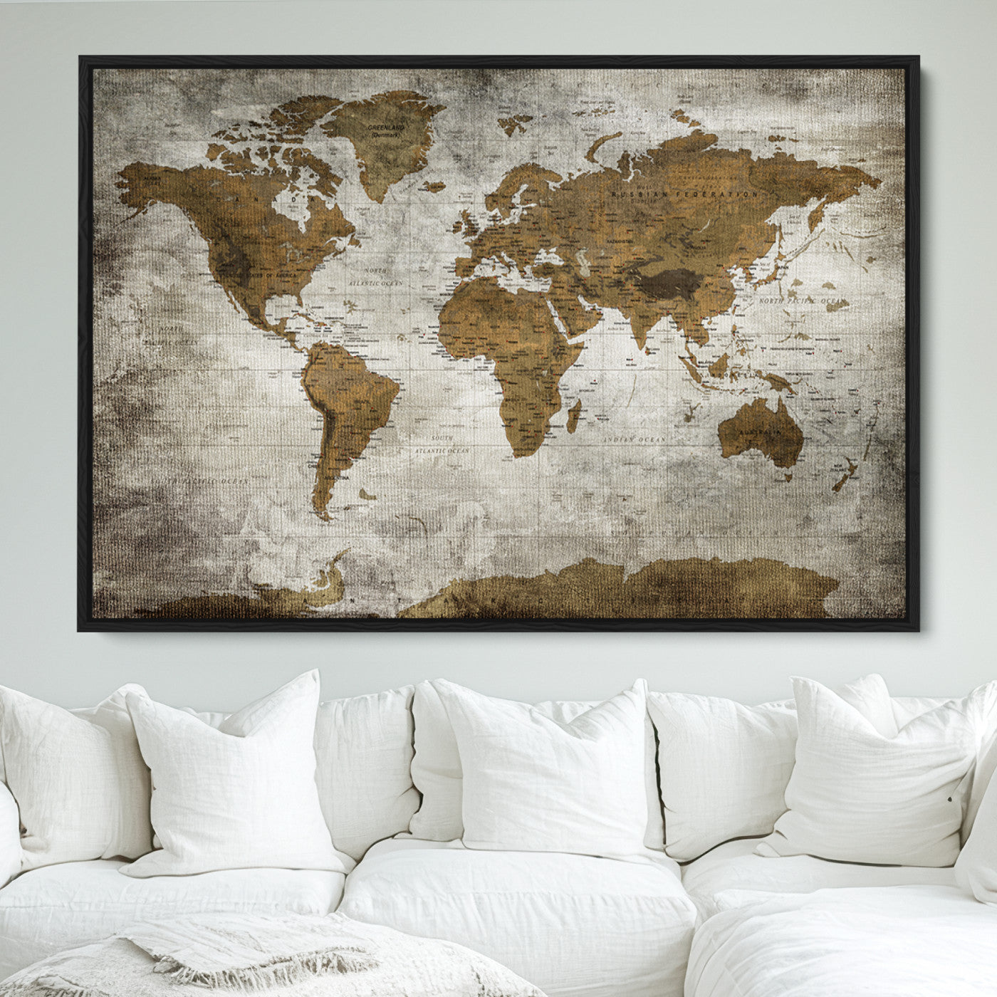 Push Pin World Map Canvas Print – Framed Wall Art for Couples to Track Their Travels – Anniversary Gift or Home Adventure Decor