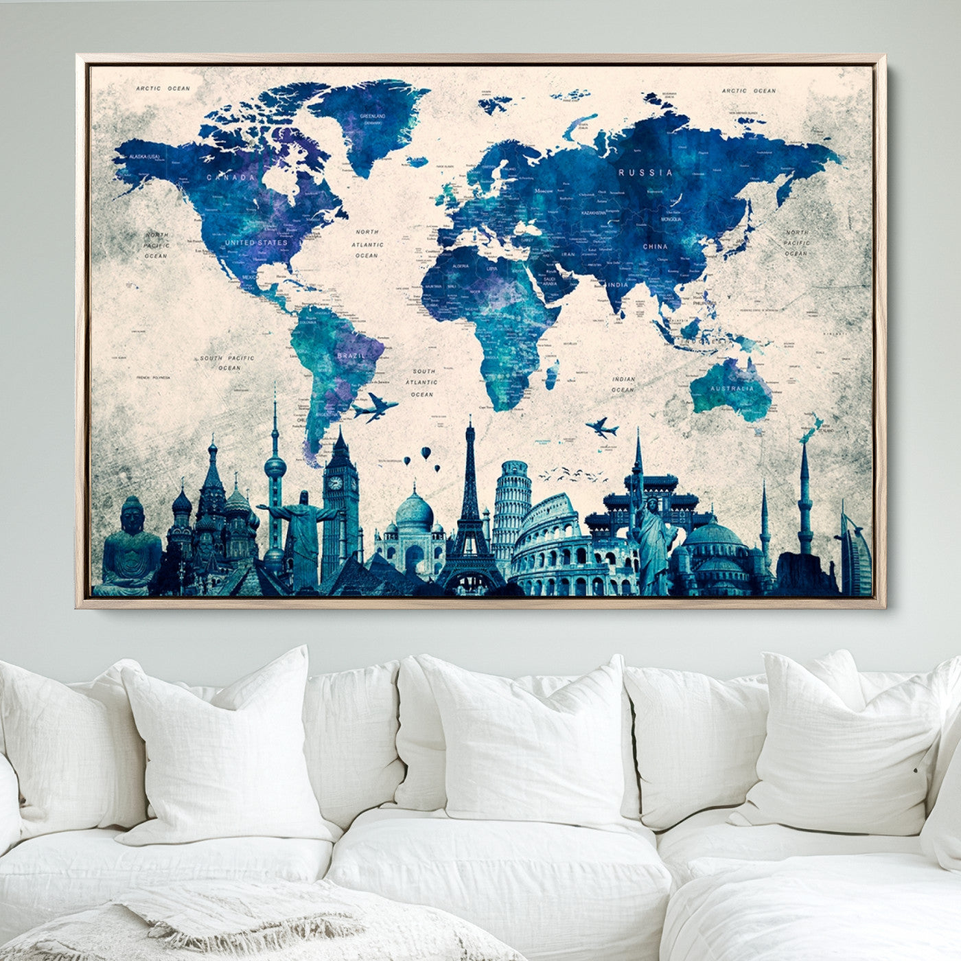 Navy Blue World Map Canvas Print, Wonder of World Map Push Pin Canvas Print