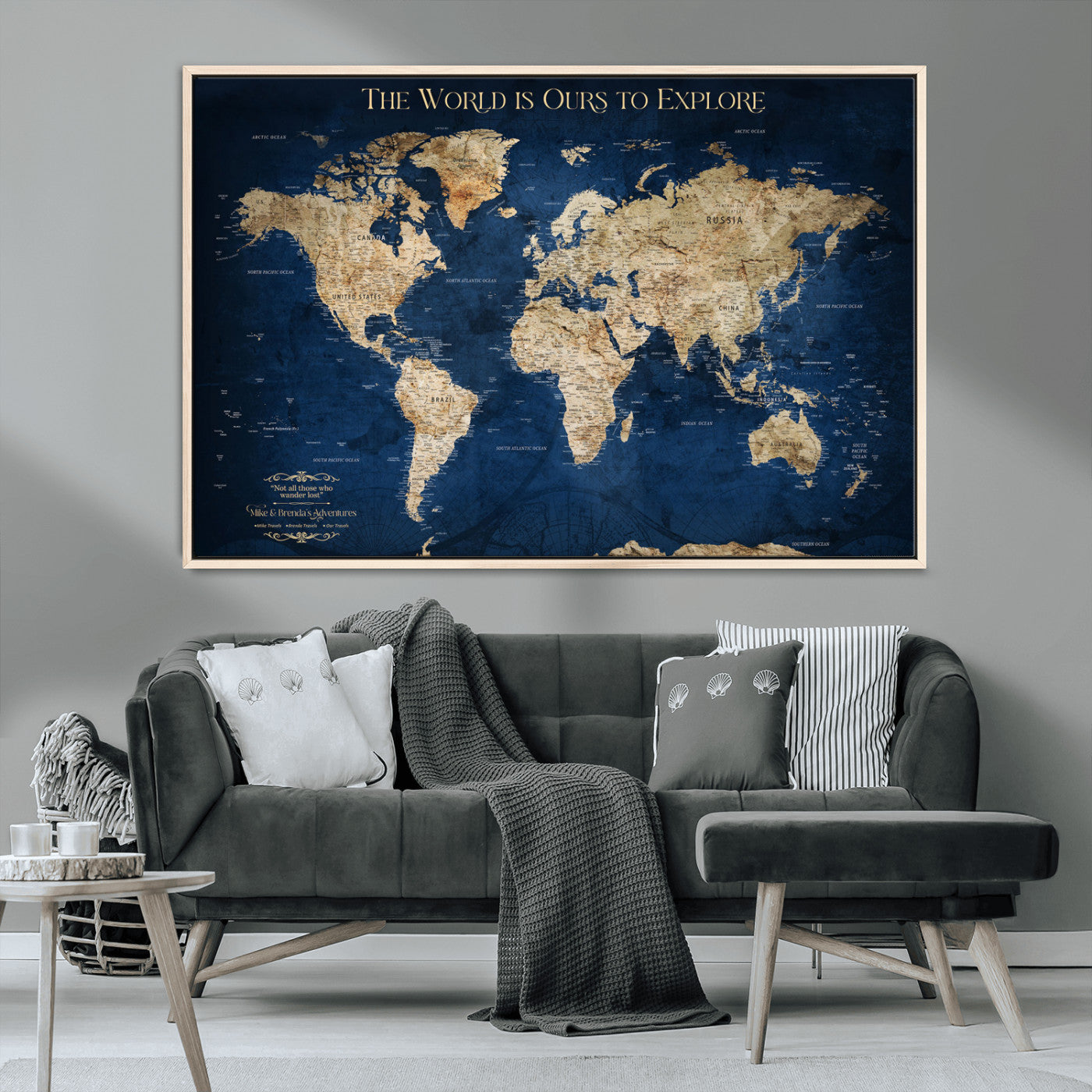 Custom World Map Wall Art – Personalized Framed Canvas Print with Push Pins for Travel Tracking, Anniversary or Couple Gift Ideas - H2-2