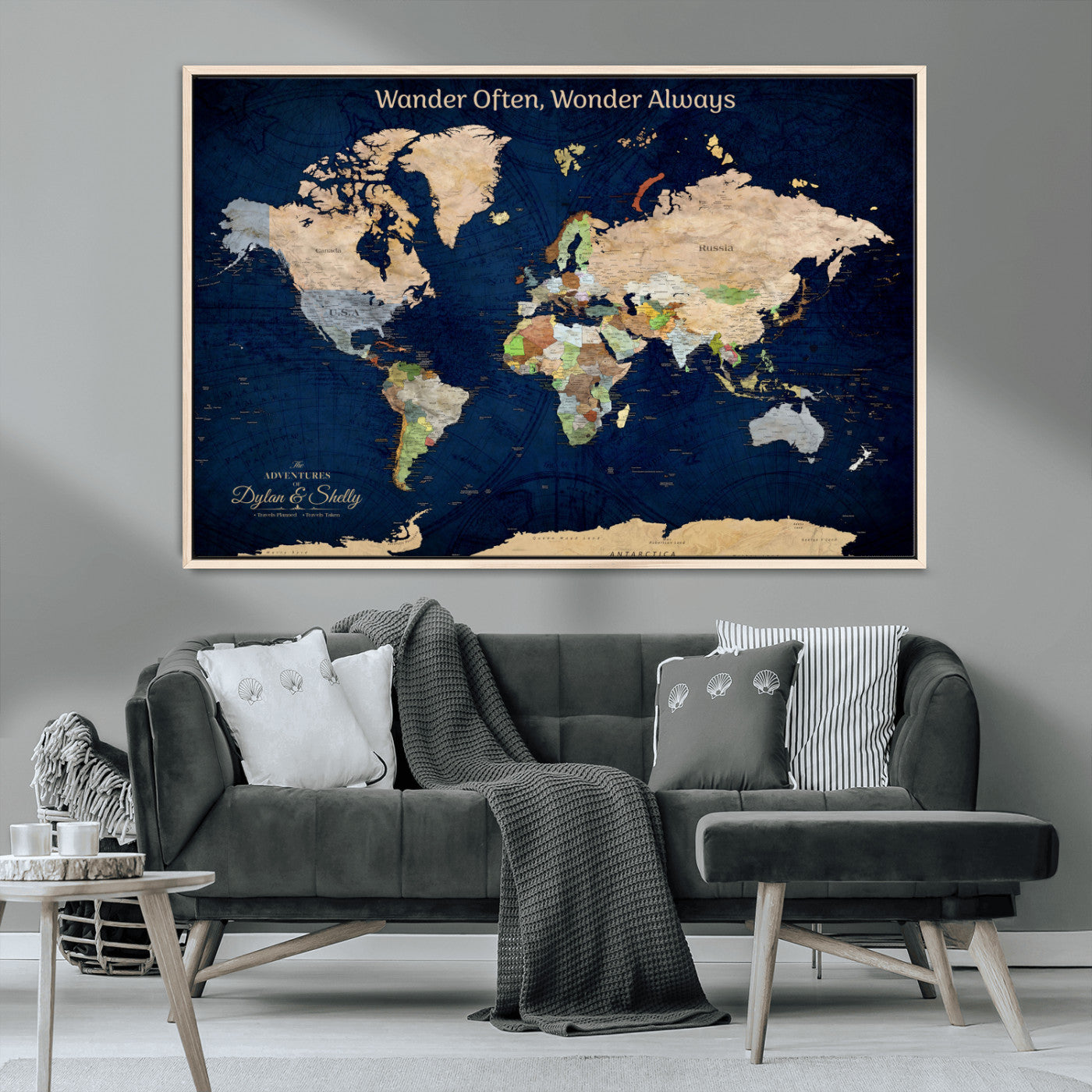 12399561-MGV-FC-30X20_Natural-Personalized World Map Print, Customizable Push Pin Framed World Map Print on Canvas - Custom Quote on Map Print