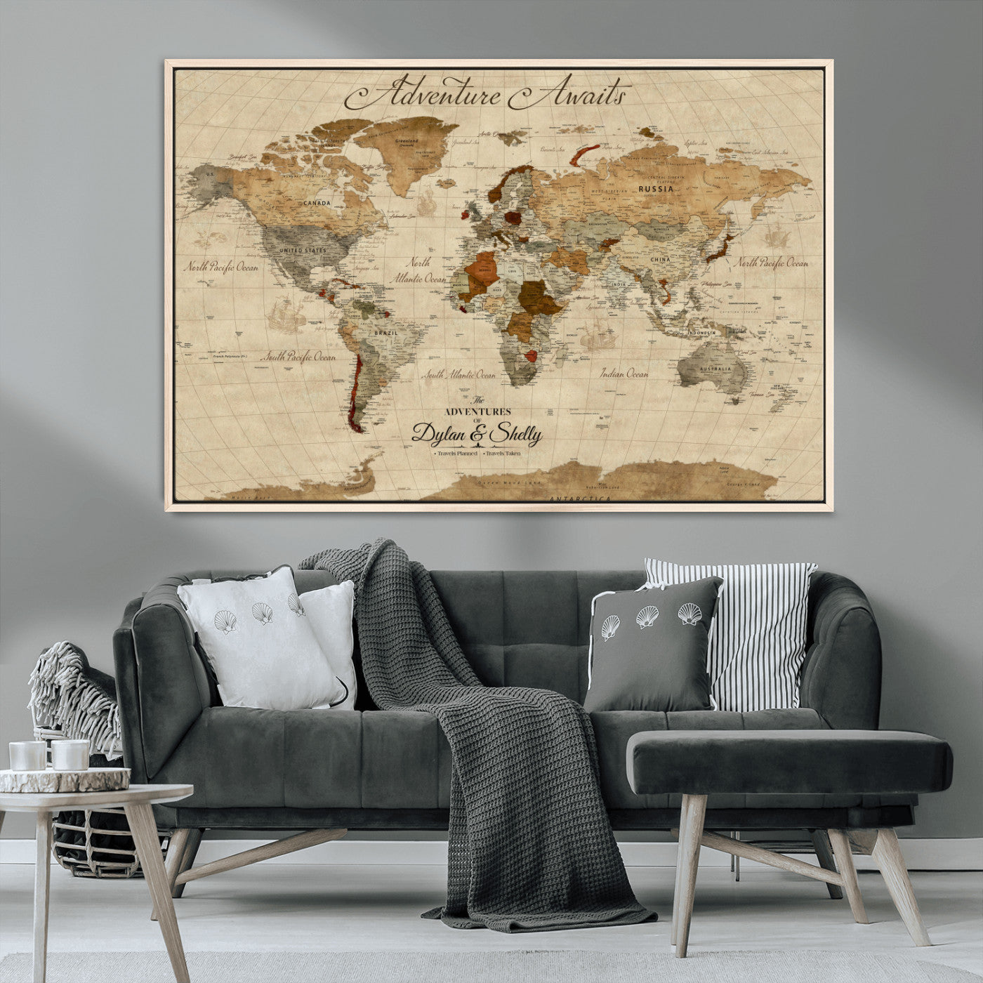 29054239-MGV-FC-36X24_Natural-Personalized World Map Print - Customizable Push Pin Framed World Map Print on Canvas - Custom Quote on Map Print