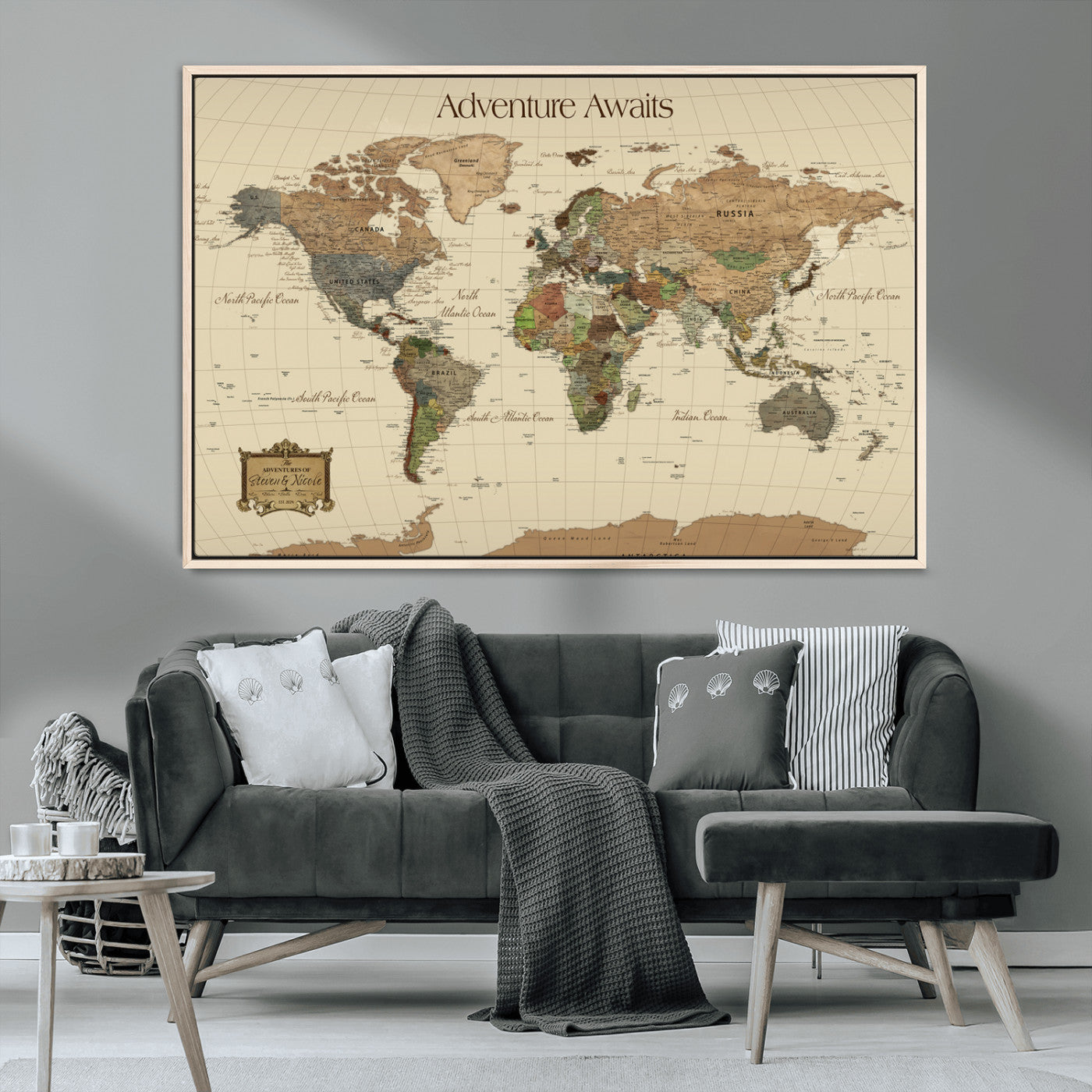74480507-MGV-CV-36X24-Custom Push Pin World Map Wall Canvas Print – Personalized Travel Tracker with Pins – Framed Custom Quotie Canvas for Home Office Decoration