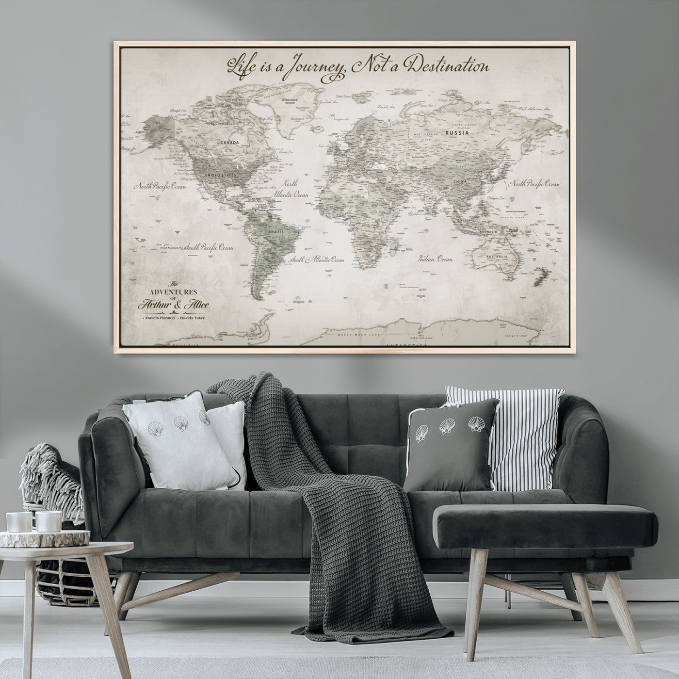 Custom Push Pin World Map Wall Canvas Print – Personalized Travel Tracker with Pins – Framed Custom Quotie Canvas for Home Office Decor