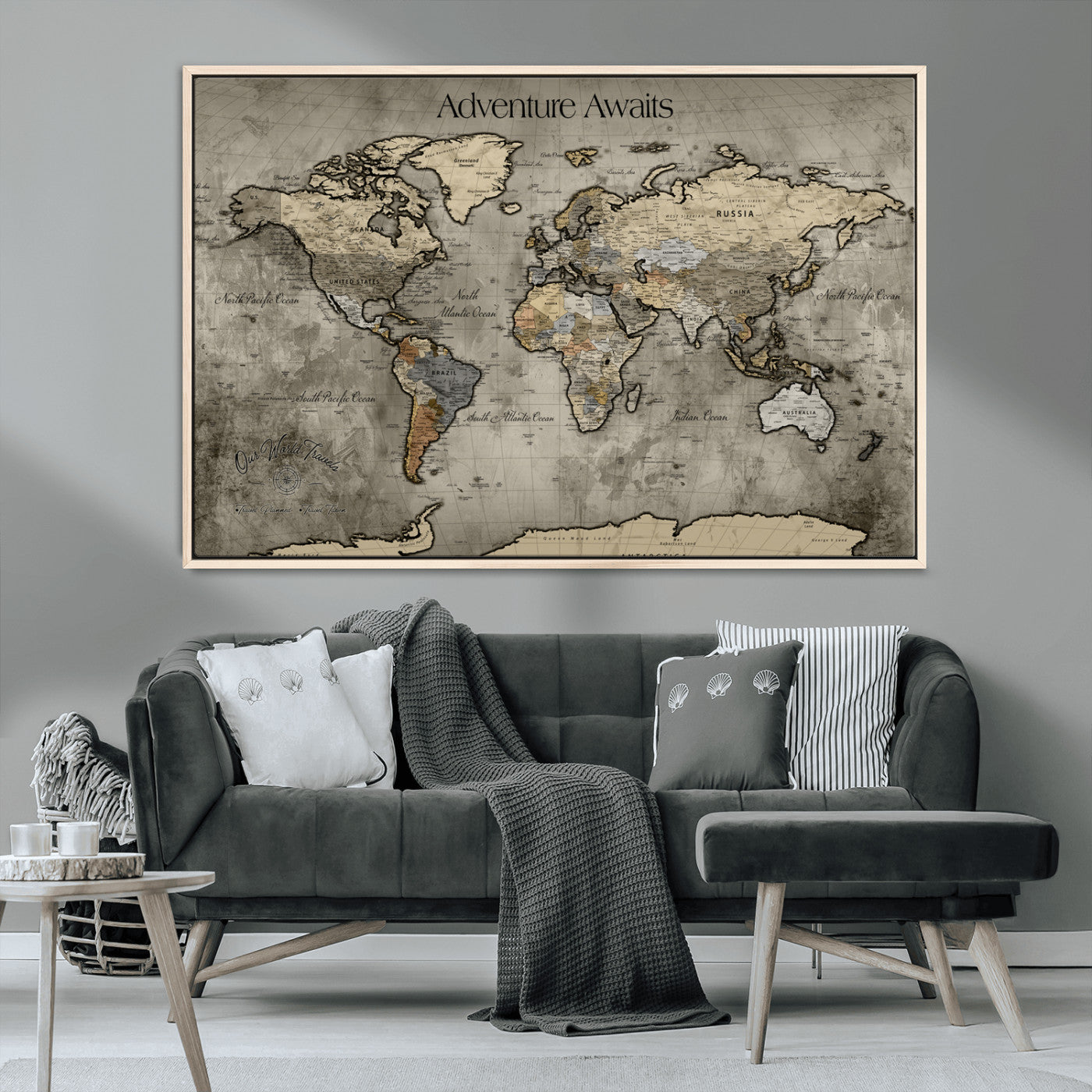 60740187-MGV-CV-36X24-Tree Rings Wall Art Canvas Print, Framed Wood Texture Art Picture Print, Blue Grain Perfect Rustic Modern Decor Artwork, Wood Texture Wall