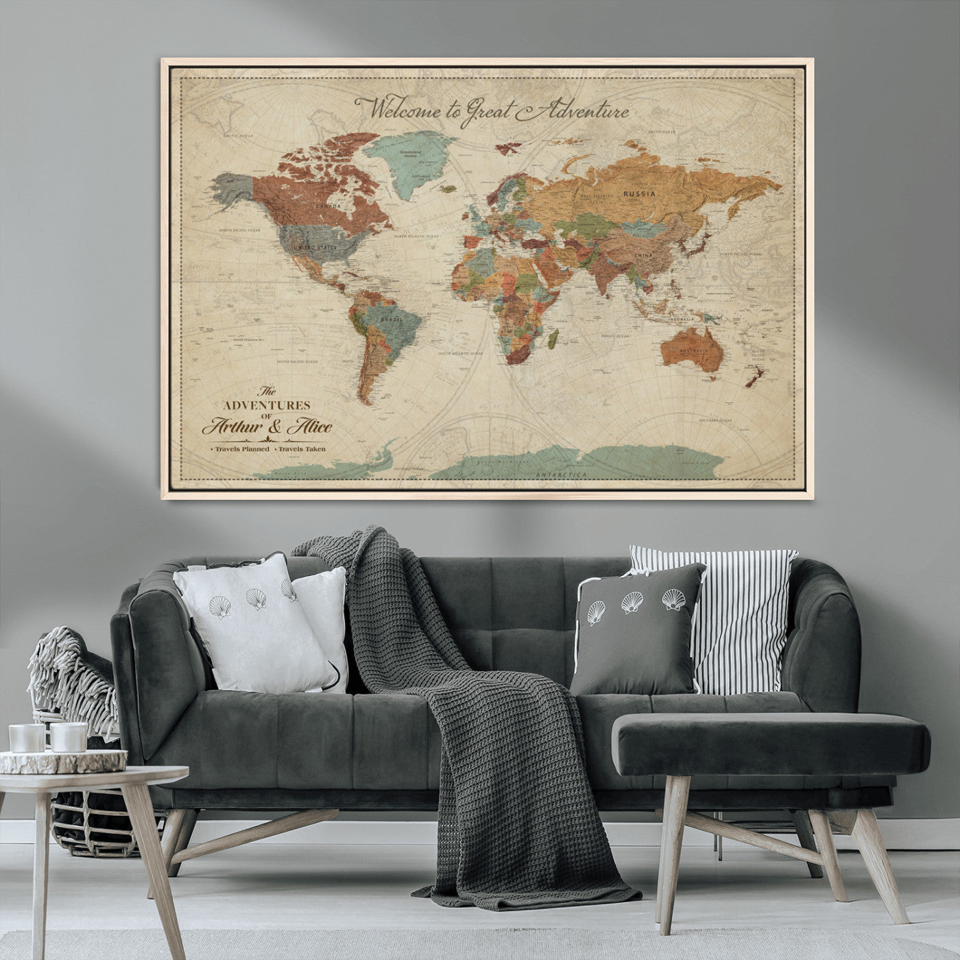 17587858-MGV-CV-36X24-Custom Push Pin World Map Wall Canvas Print – Personalized Travel Tracker with Pins – Framed Custom Quotie Canvas for Home Office Decor