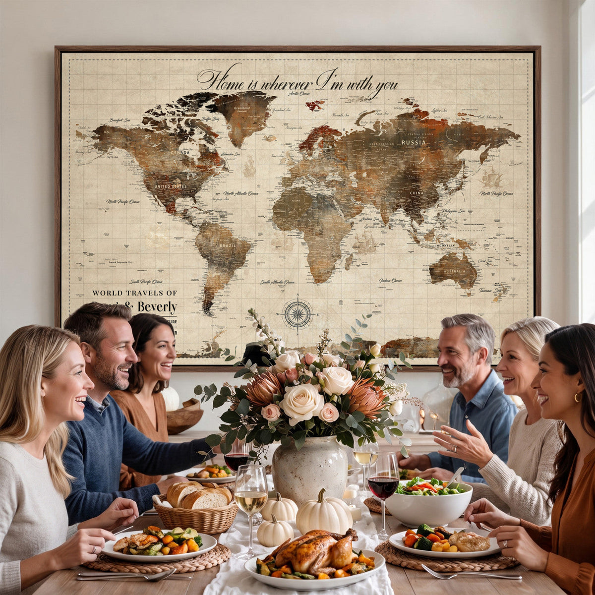 Large Custom Framed Beige Vintage World Travel Map Wall Art with Pins, Couples Countries Visited Map, Living Room and Hallway Decor