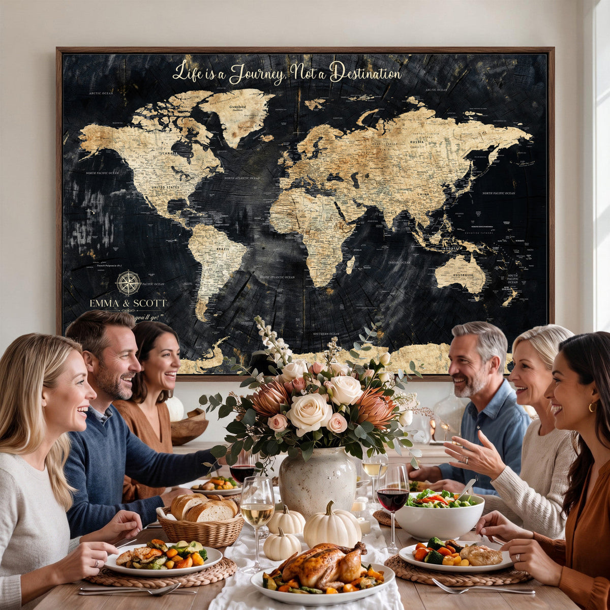 Personalized Framed Navy Modern Push Pin World Map Canvas Print, Couples Countries Visited Map, Family Room and Study Decor