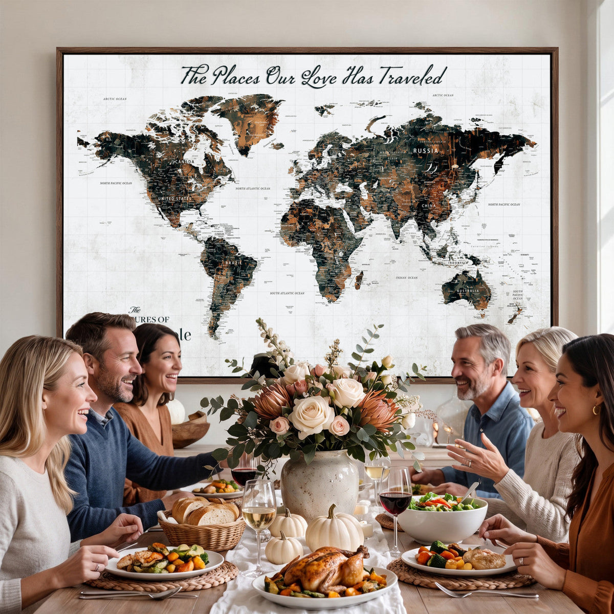Personalized Beige Push Pin World Map Canvas Print, Honeymoon and Anniversary Gift, Living Room and Dining Room Decor