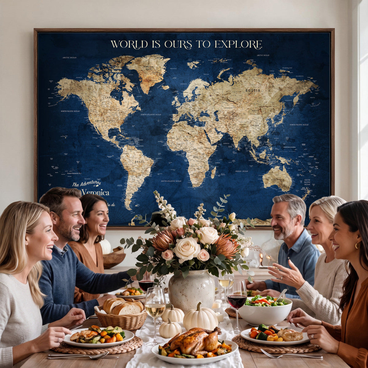 35296308-MGV-CV-36X24 - Custom Push Pin World Map Wall Art Canvas Print | Personalized Travel Tracker with Pins Framed Large for Home and Office Decor