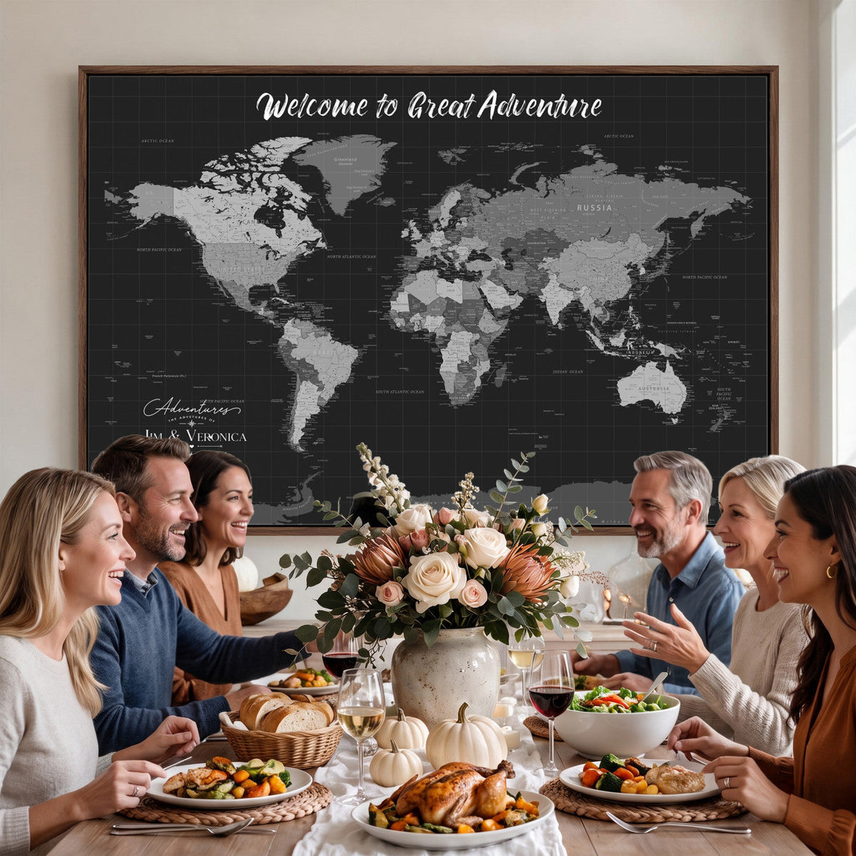 Custom Framed Navy Vintage World Map Canvas with Push Pins, Next Trip Planner Map, Entryway and Hallway Decor