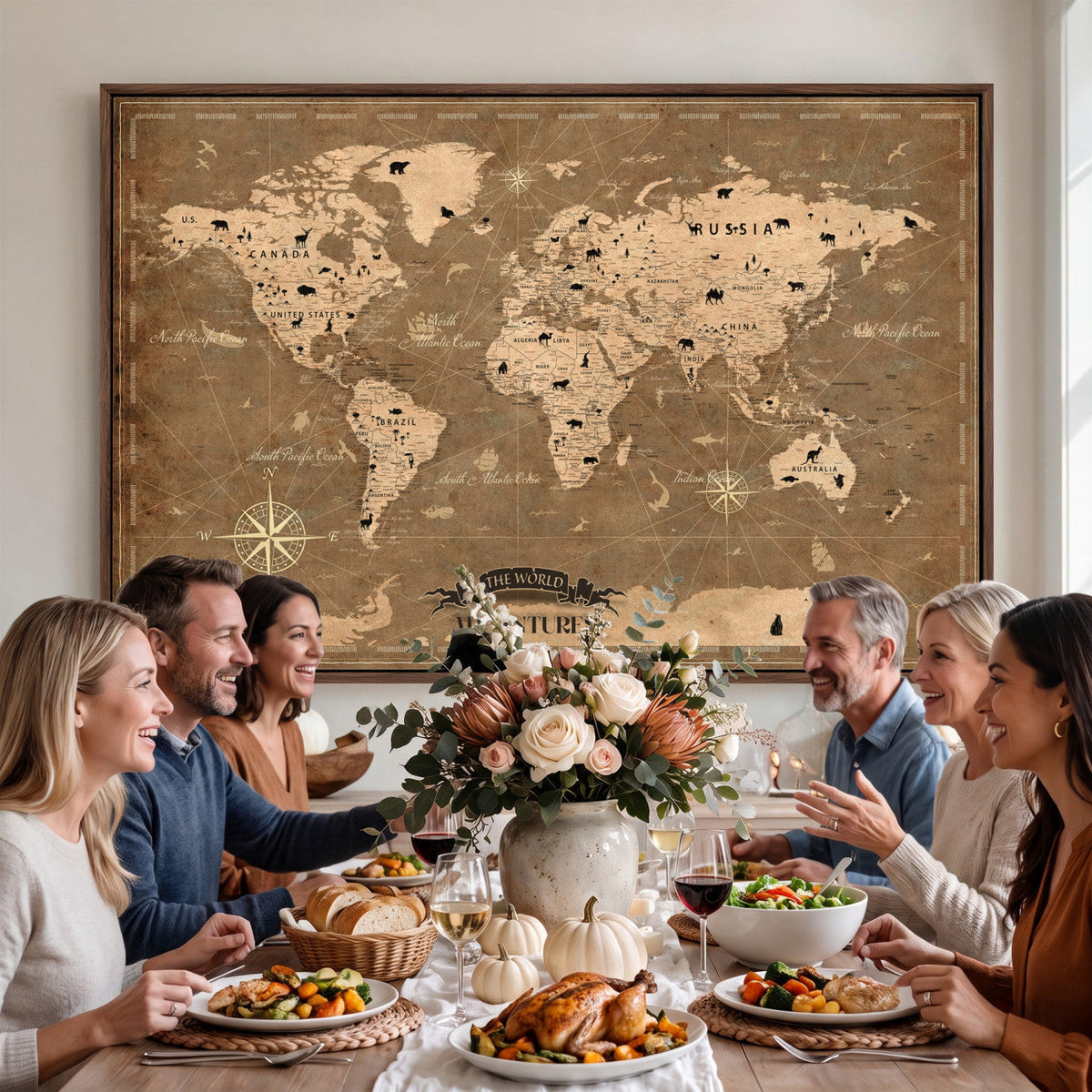 16235283-MGV-CV-36X24 - Custom World Travel Map Wall Art with Pins, Family Travel Tracker, Living Room and Bedroom Decor