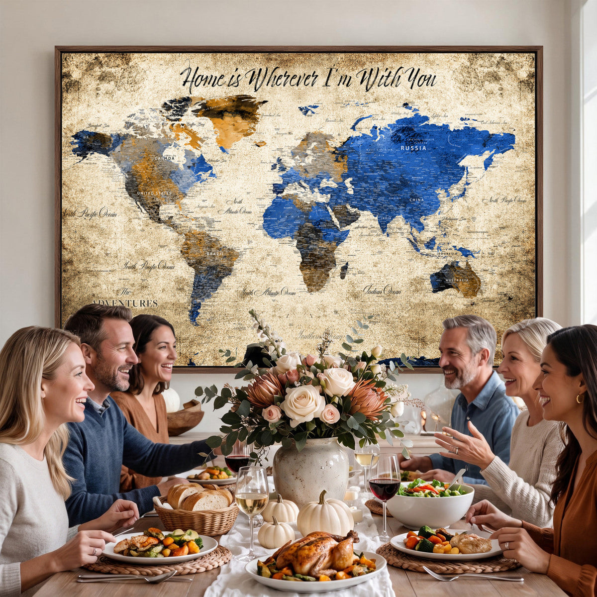 Personalized Framed Beige World Map Canvas with Push Pins, Honeymoon and Anniversary Gift, Living Room and Home Office Decor
