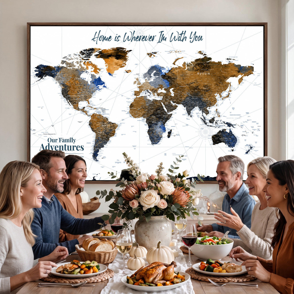Personalized Framed Beige Modern Push Pin World Map Wall Art, Next Trip Planner Map, Family Room and Home Office Decor