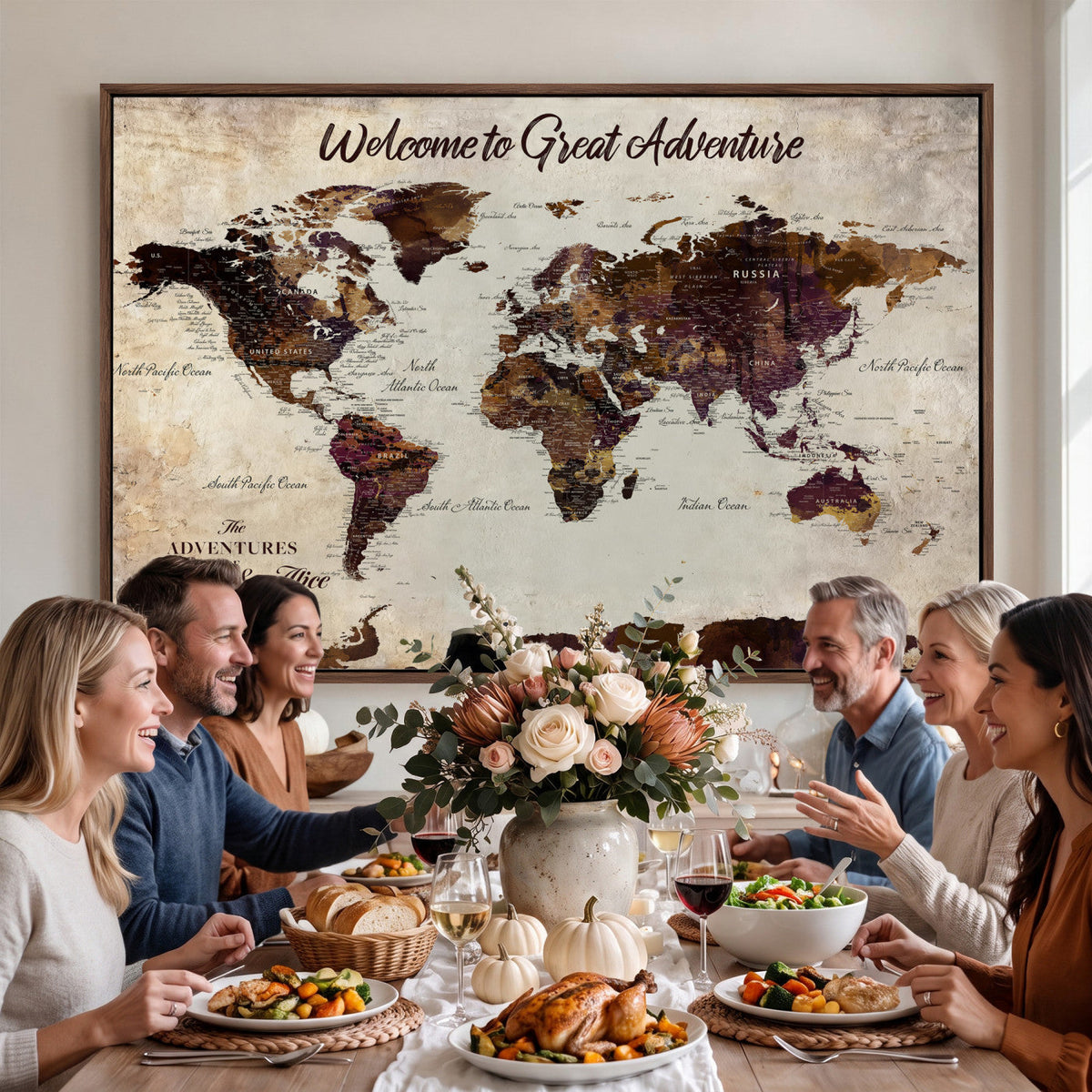 64110391126-MGV-CV-36X24 - Custom Beige World Travel Map Wall Art with Pins, Places Visited Tracker, Family Room and Entryway Decor