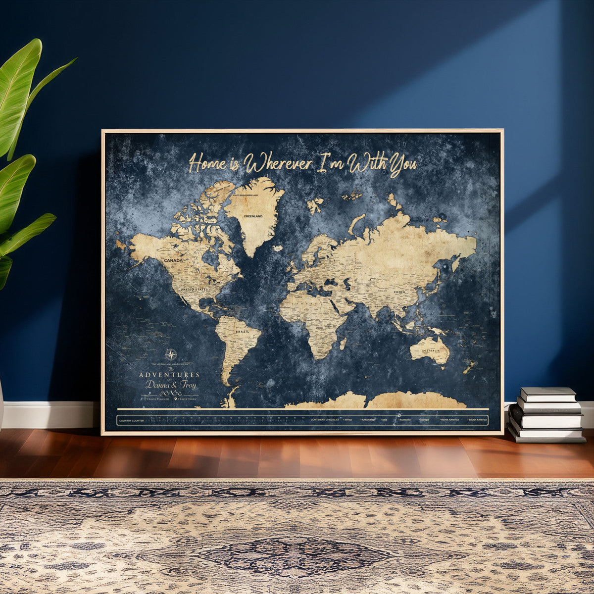 400867BL-MGV-CV-36X24 - Framed Blue Custom Push Pin World Map Canvas Print | Personalized Travel Map Wall Art