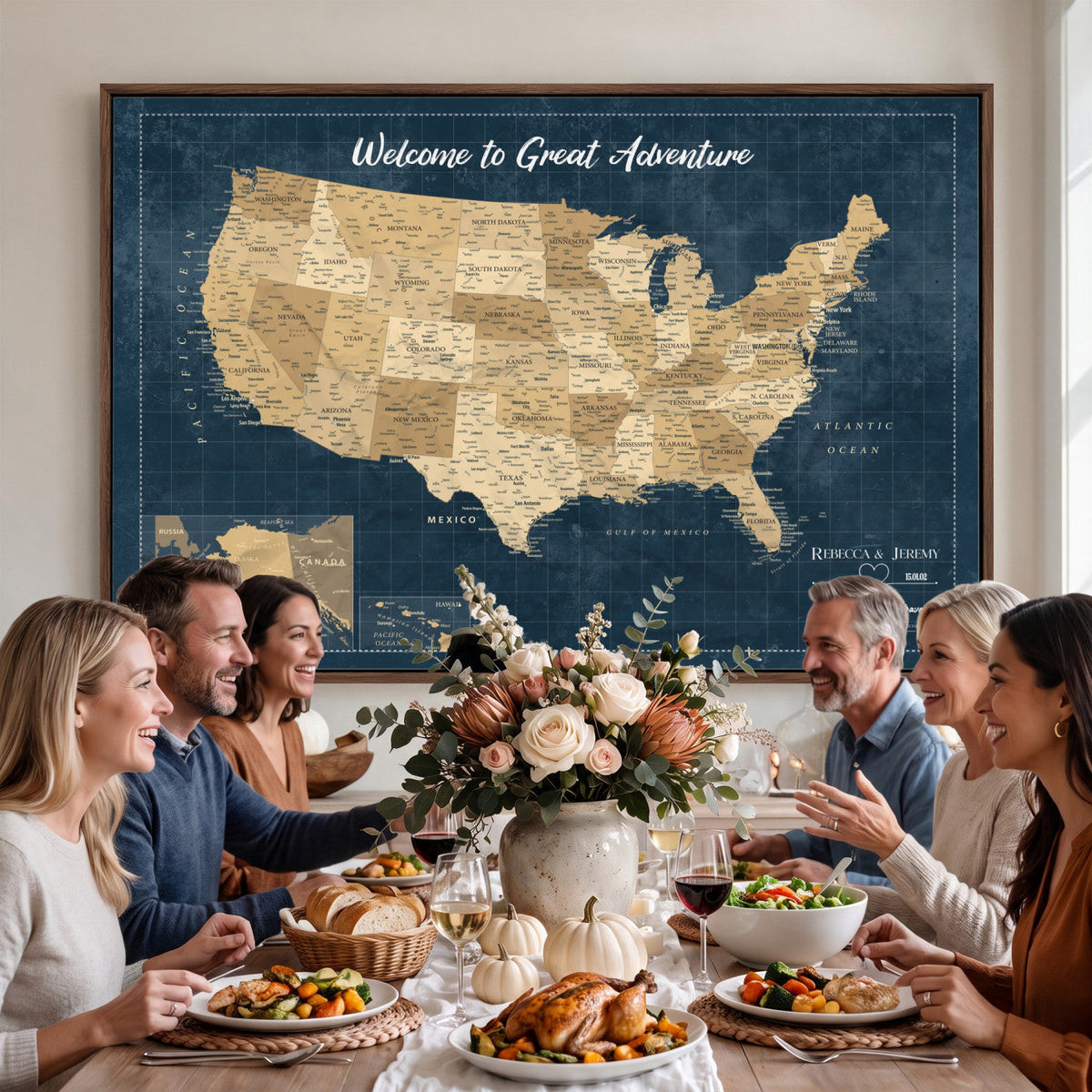 58851035-MGV-CV-36X24 - Custom Cream Push Pin USA Map Canvas Print, 50 State Bucket List Map, Family Room and Hallway Decor