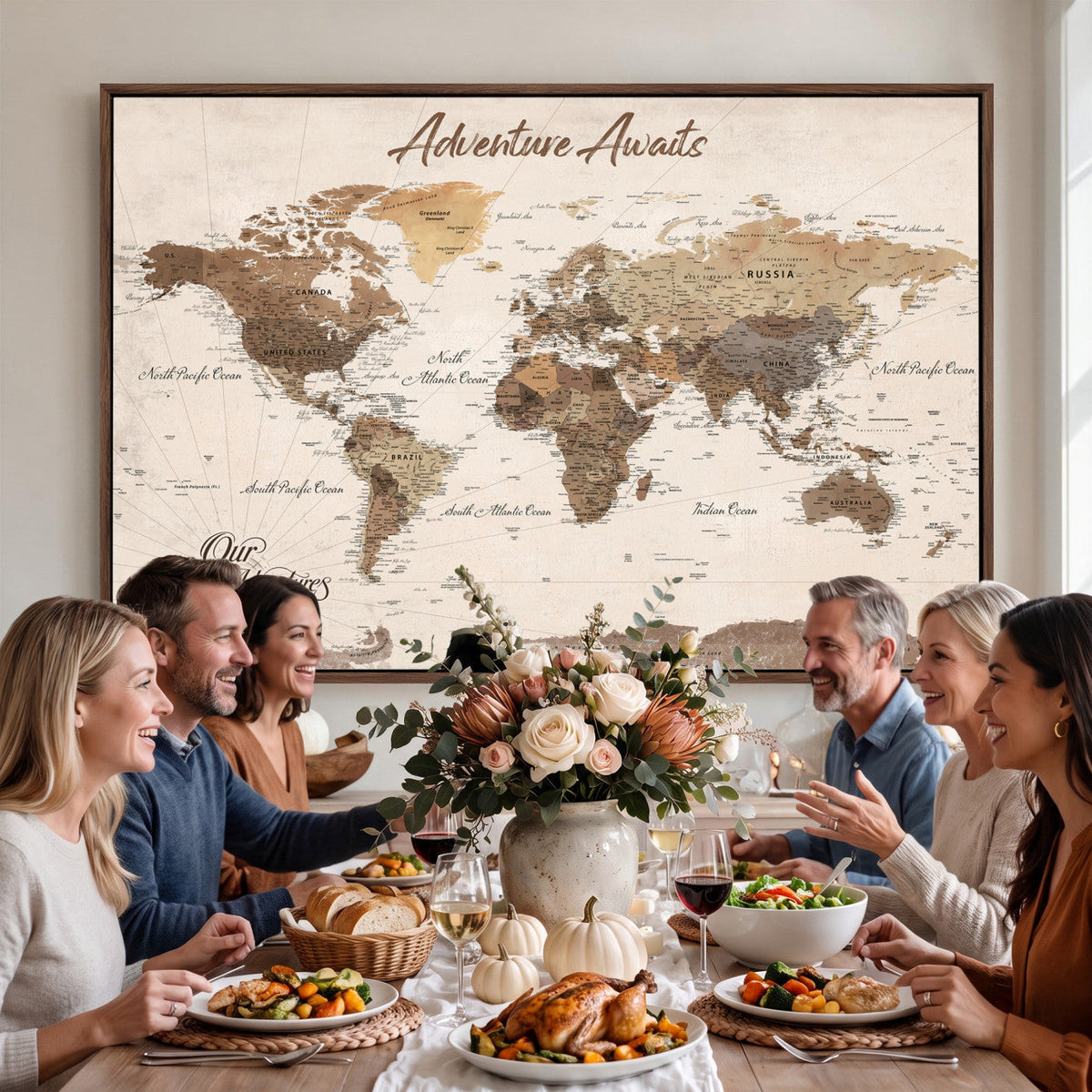 84865191-MGV-CV-36X24 - Our Family Adventures Push Pin World Map Wall Art Canvas Print - Family Travel Tracker Map with Pins