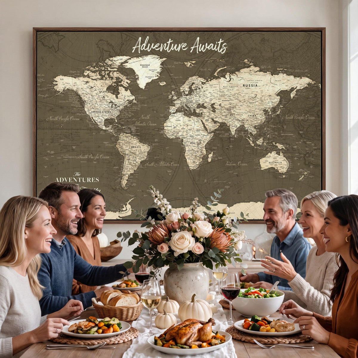 Personalized White Modern World Travel Map Wall Art with Pins, Honeymoon and Anniversary Gift, Living Room and Dining Room Decor