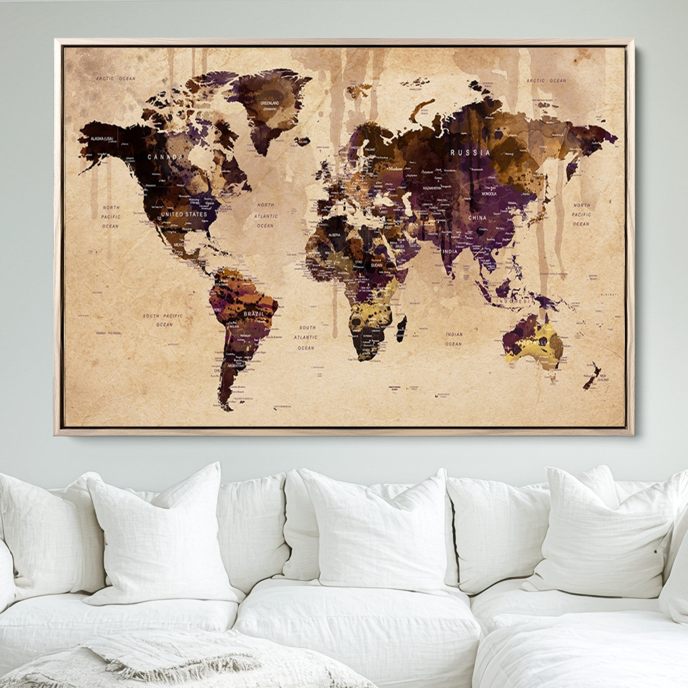 Push Pin World Map Canvas Print – Framed Wall Art for Couples to Track Their Travels – Anniversary Gift or Home Adventure Decor