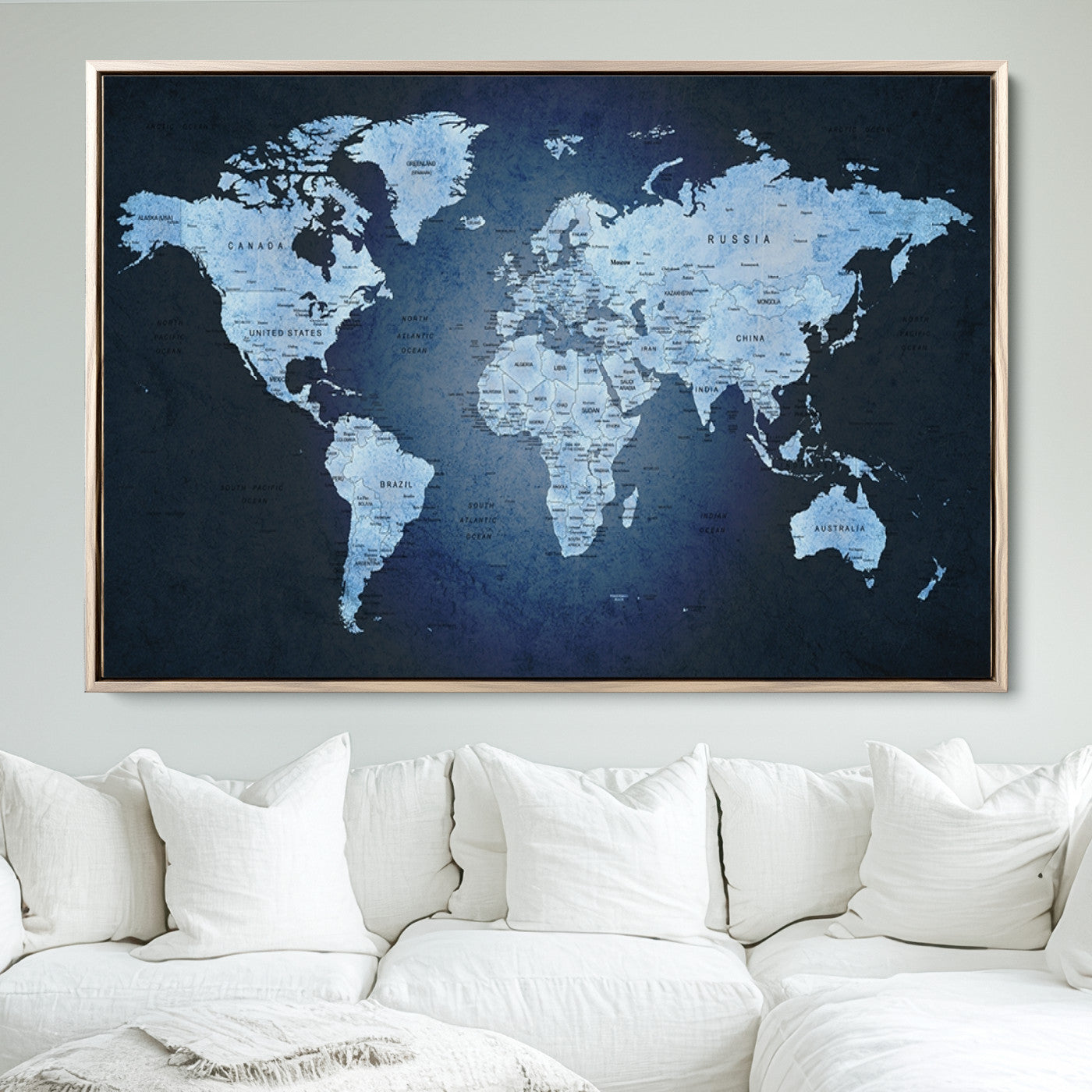 Push Pin World Map Canvas Print – Framed Wall Art for Couples to Track Their Travels – Anniversary Gift or Home Adventure Decor