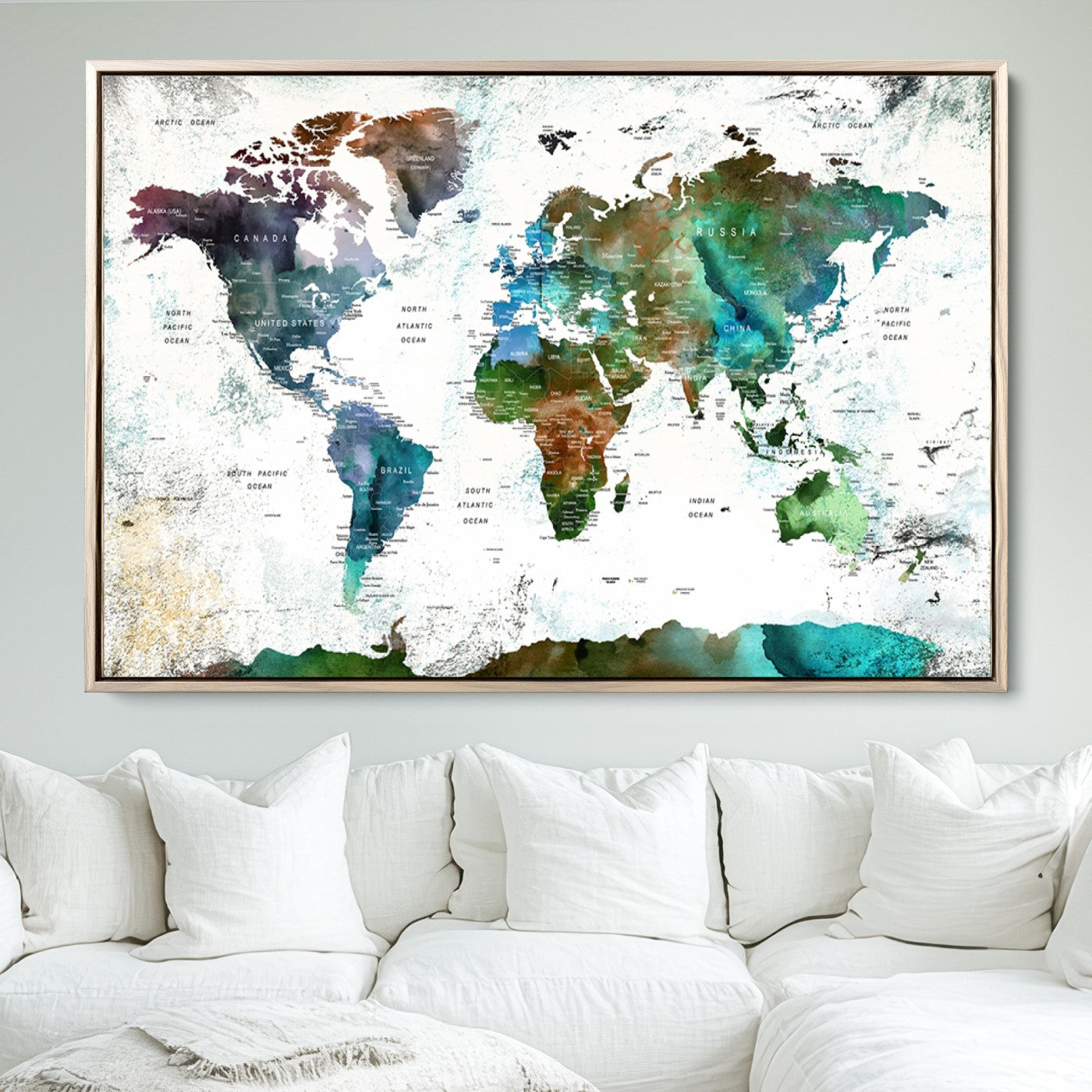 Push Pin World Map Canvas Print – Framed Wall Art for Couples to Track Their Travels – Anniversary Gift or Home Adventure Decor