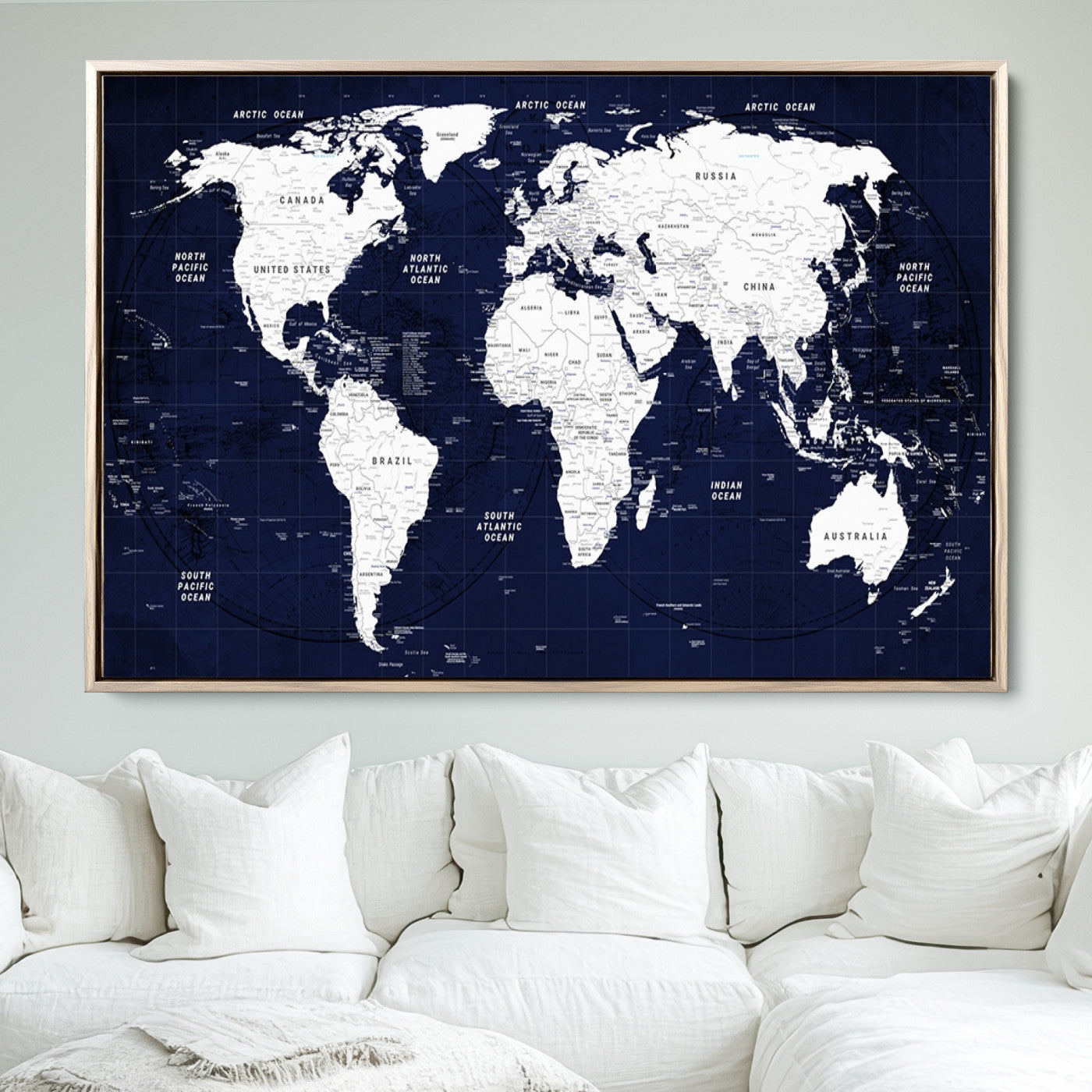 Push Pin World Map Canvas Print – Framed Wall Art for Couples to Track Their Travels – Anniversary Gift or Home Adventure Decor
